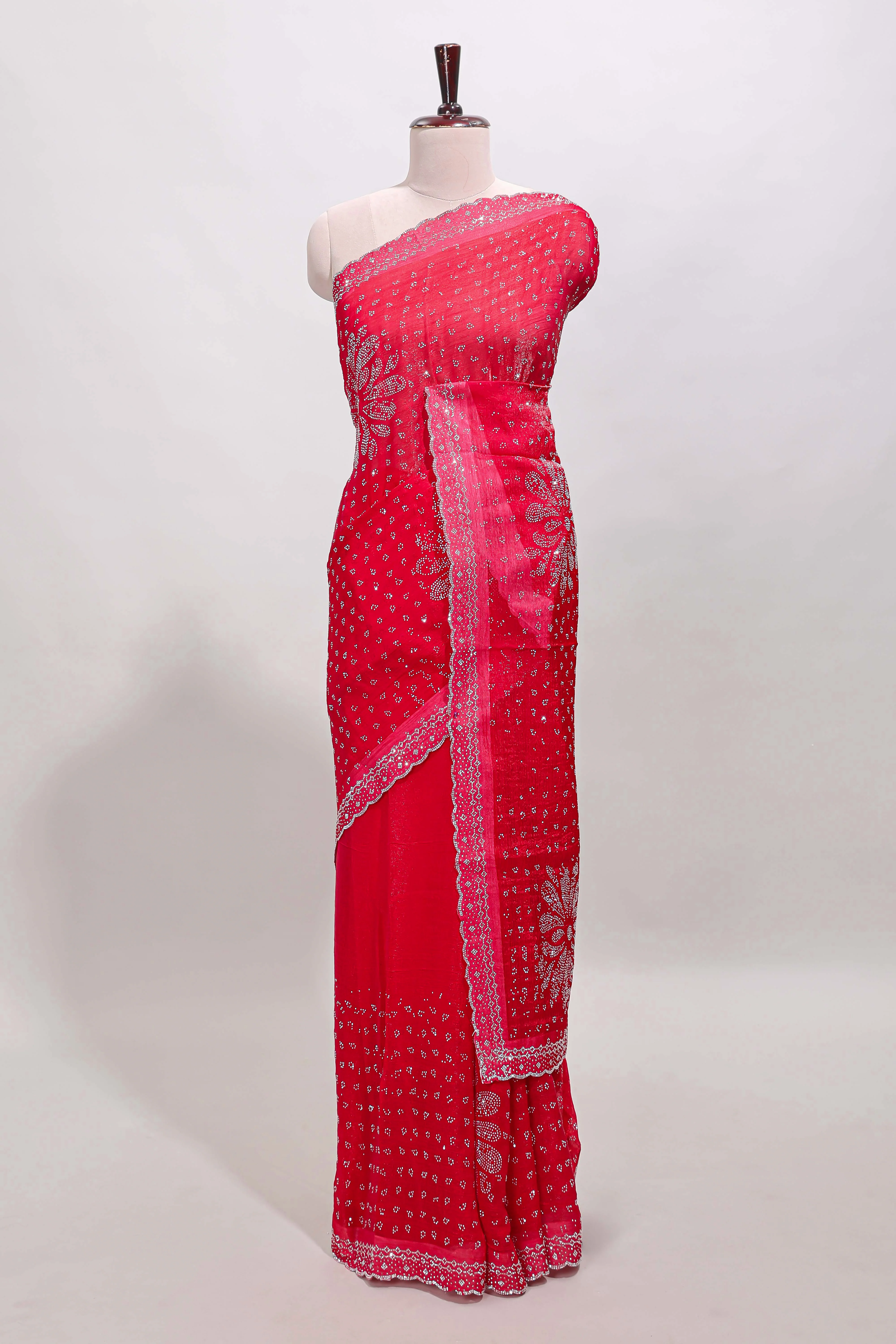 Red floral motifs design stone work designer saree with self scallop border and matching blouse - Image 2