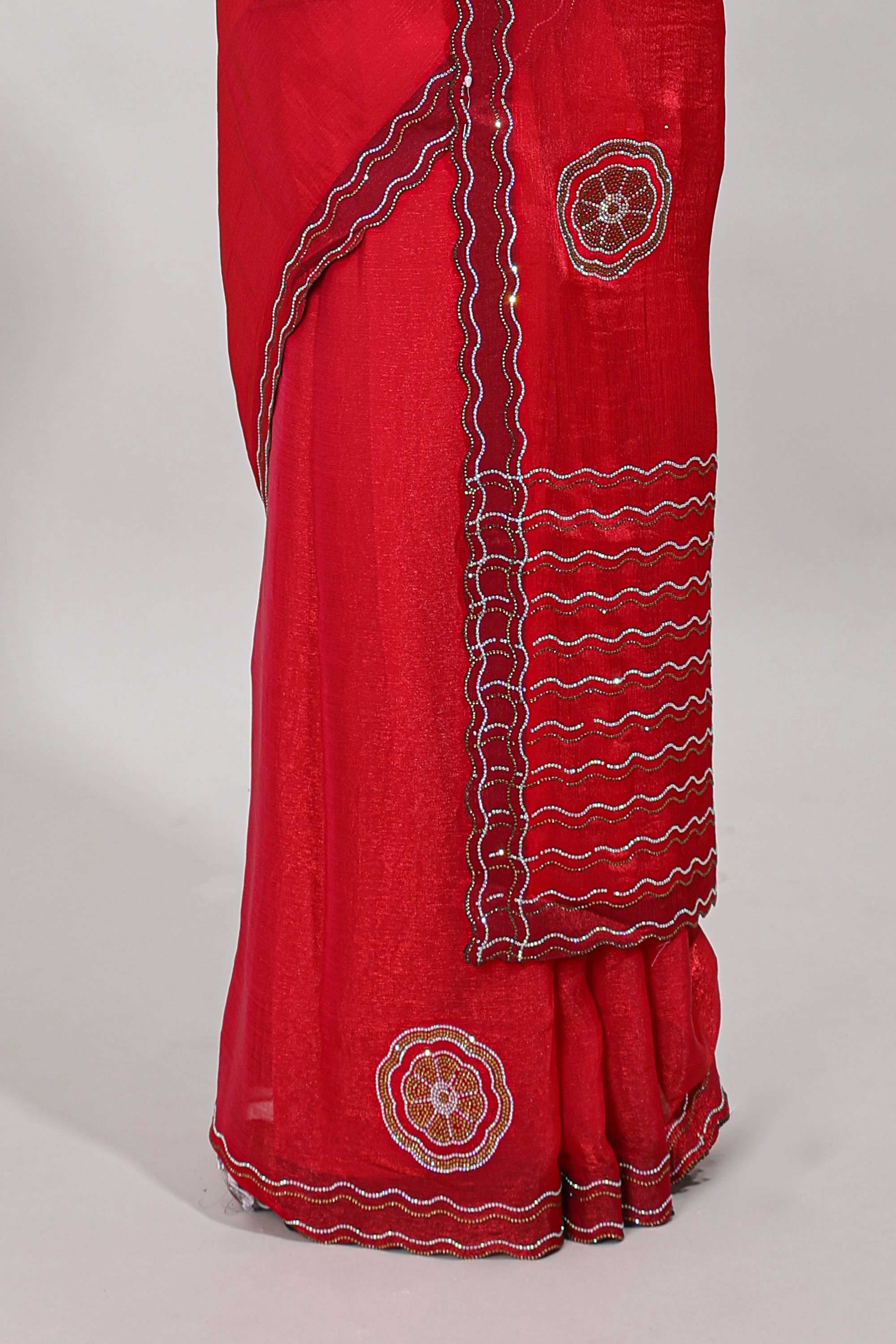 Red floral stone work motifs designer saree with self scallop design border and matching blouse - Image 4