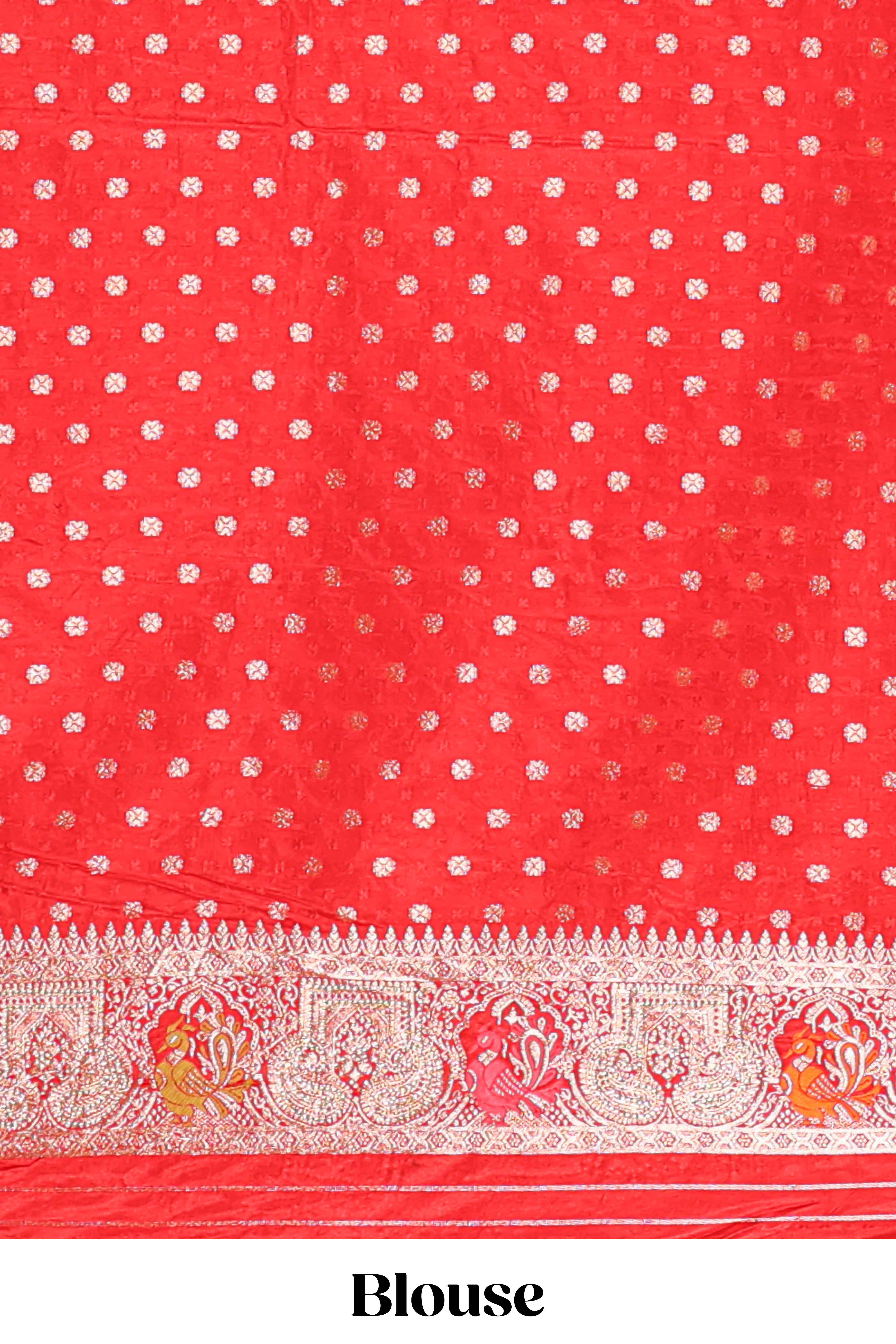 Red floral zari design banarasi silk saree with self border and matching printed blouse - Image 5