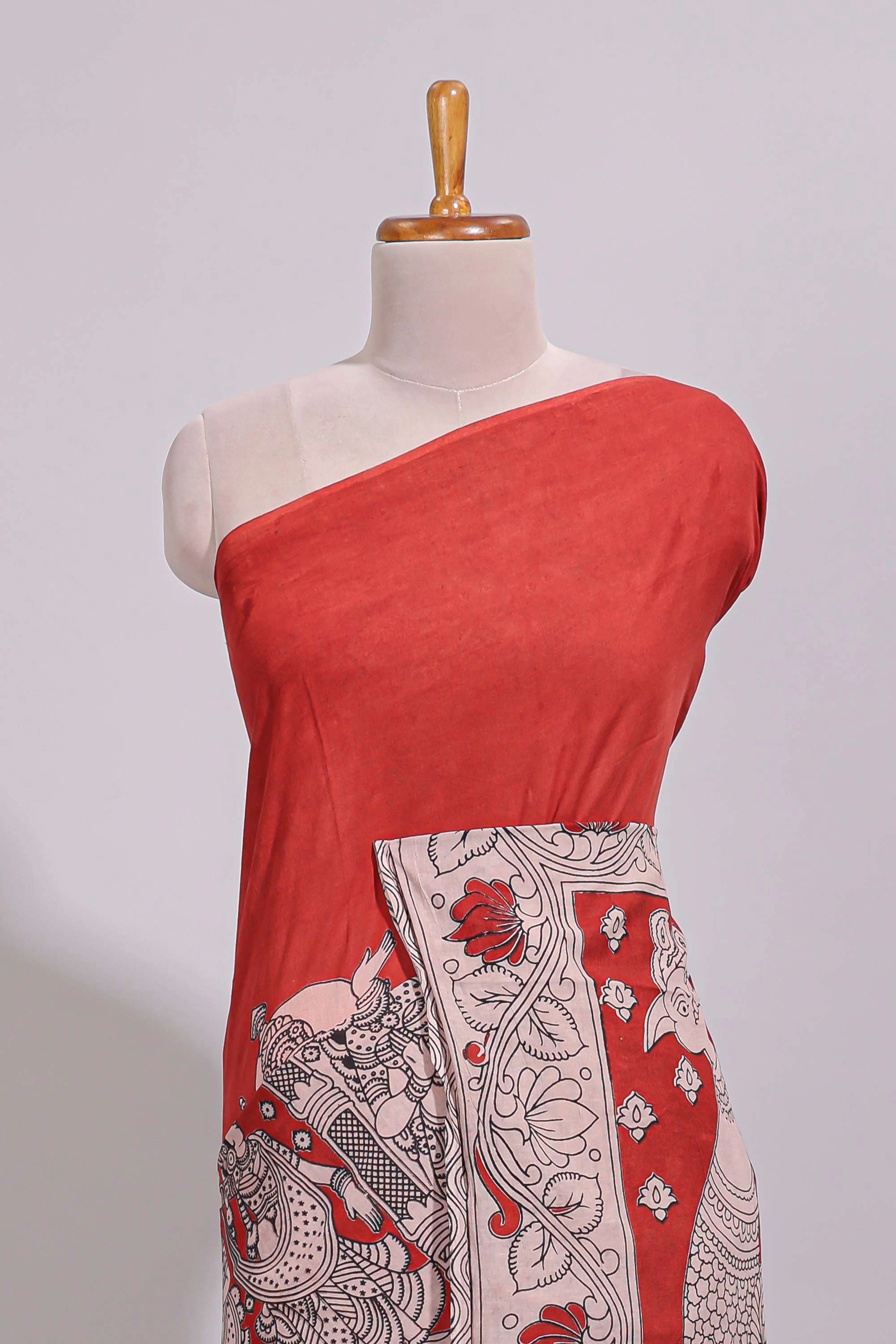 Red hand painted peacock & floral design kalamkari cotton saree with contrast border and floral printed blouse - Image 3