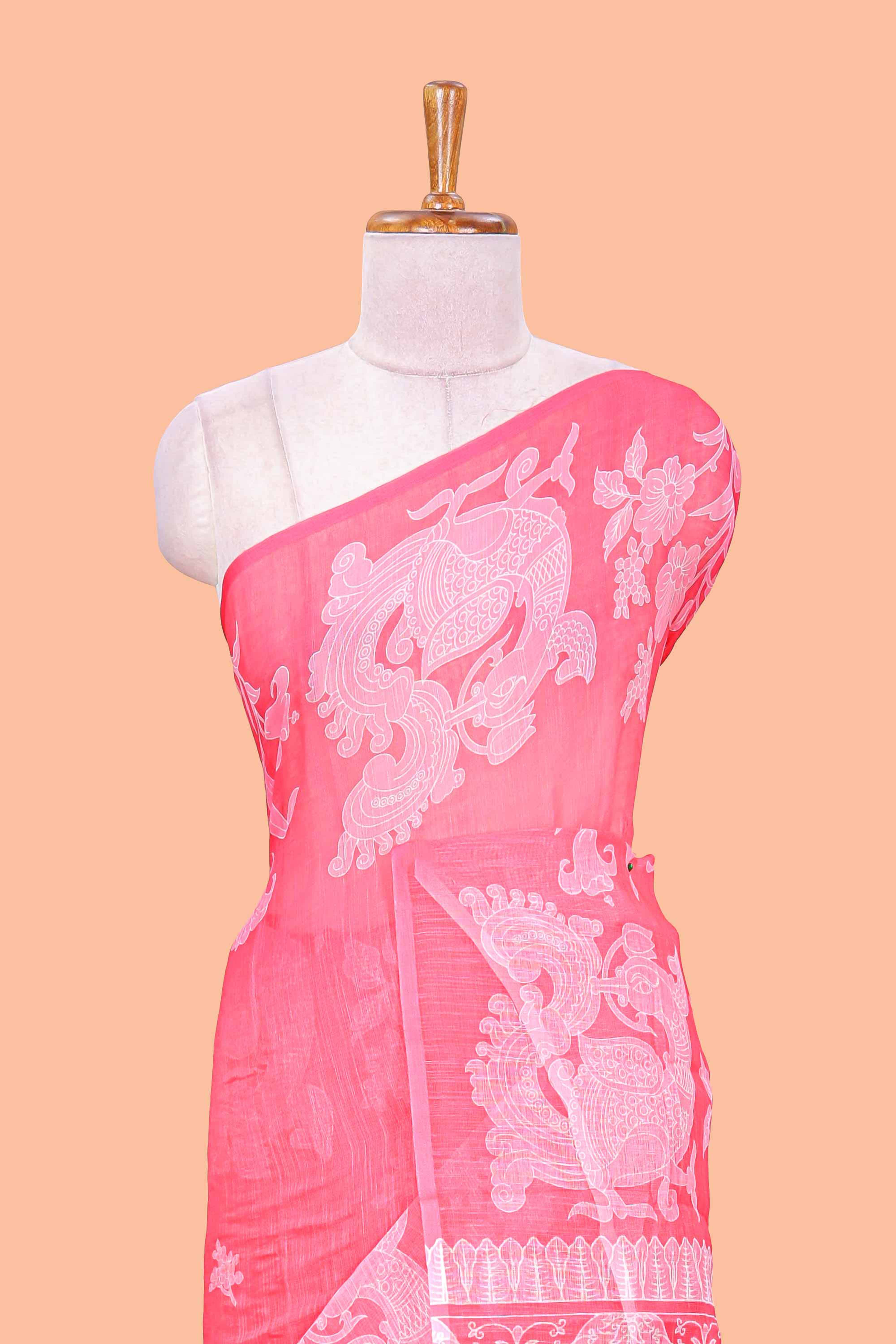 Red linen cotton floral and birds print saree with self border and matching printed blouse - Image 3