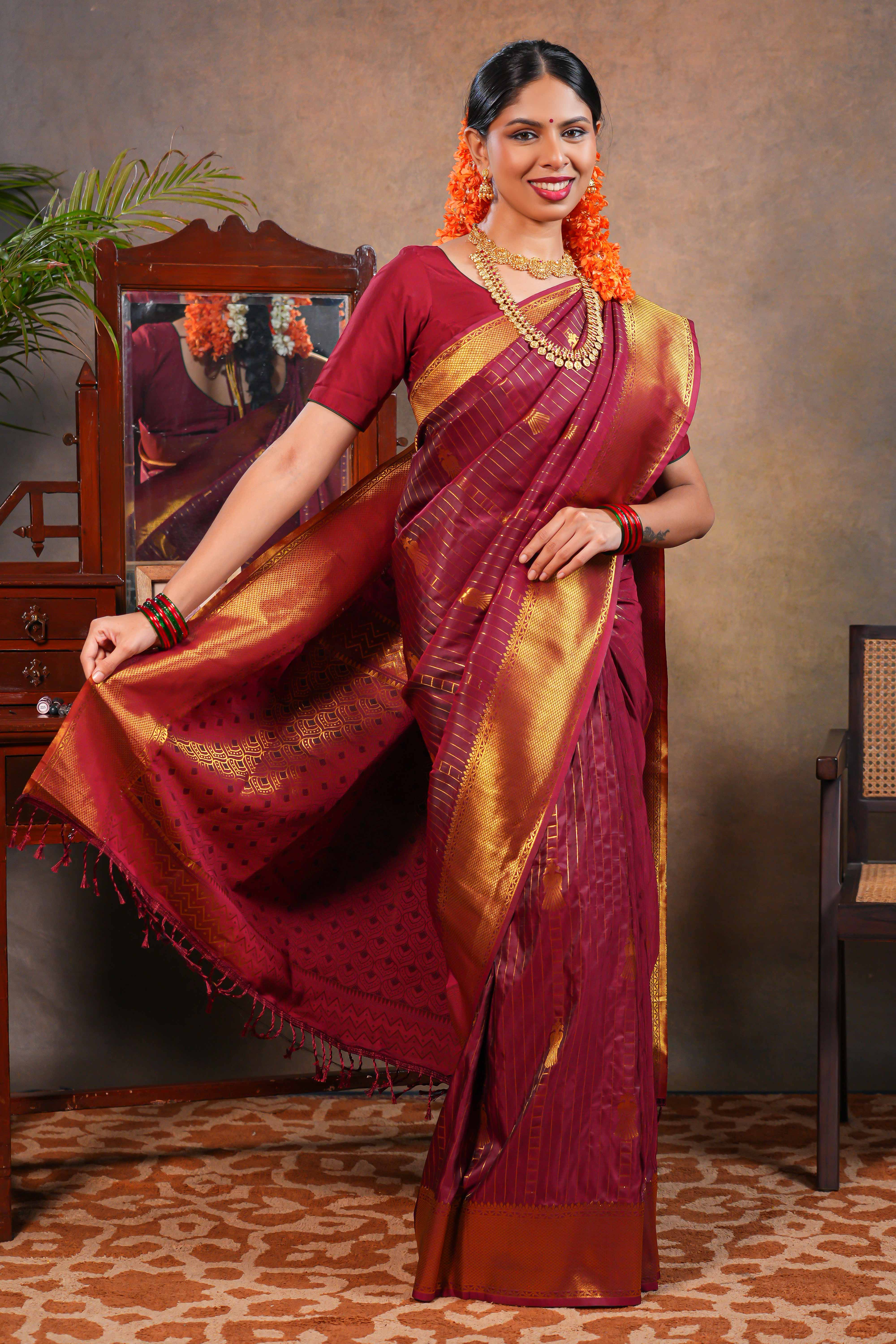 Red Maroon Semi soft Silk Saree Gold Zari Lines and Peacock Buttas with Zari Border and Matching Blouse - Image 2