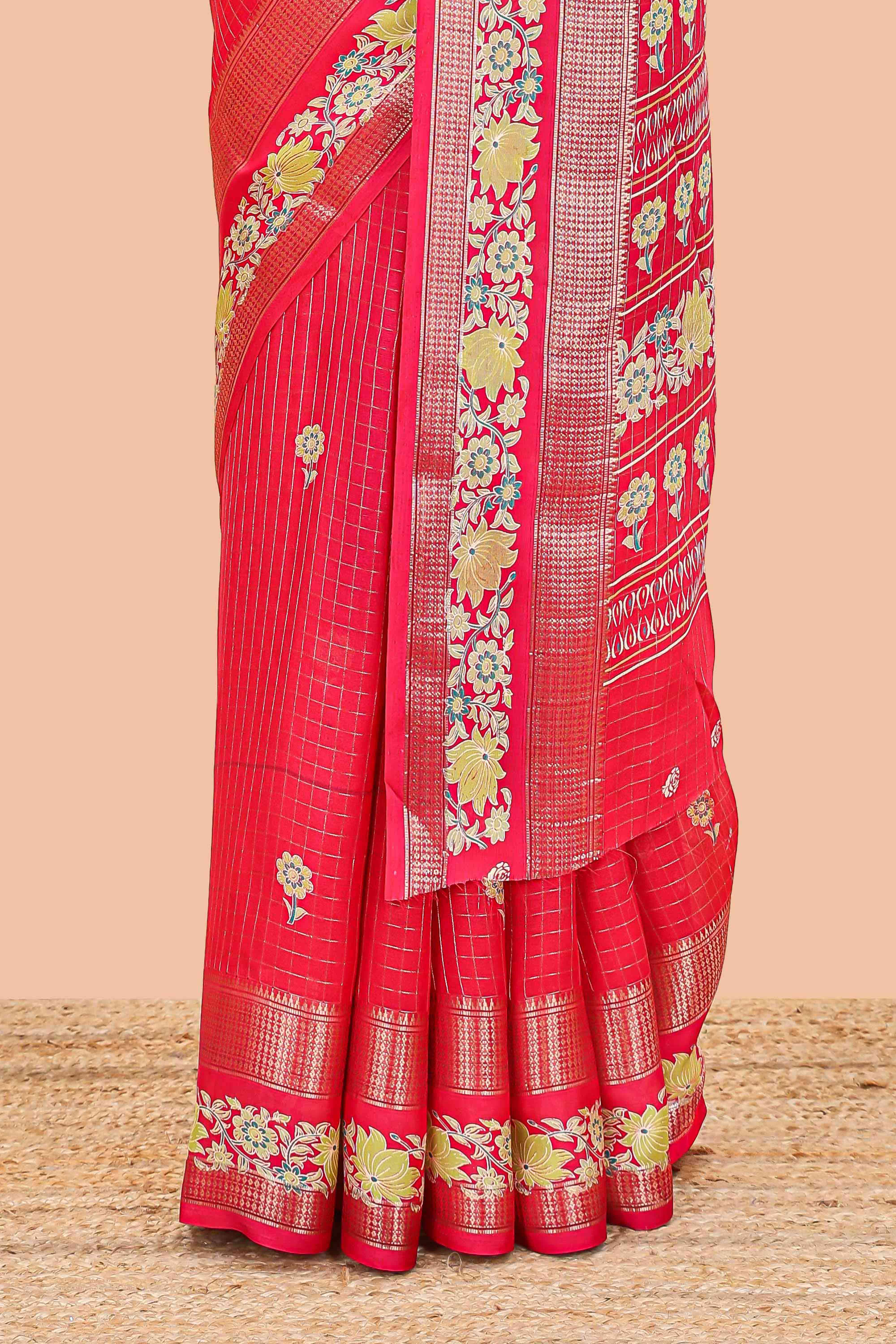 Red marsh georgette saree with zari checks and floral printed pallu - Image 4