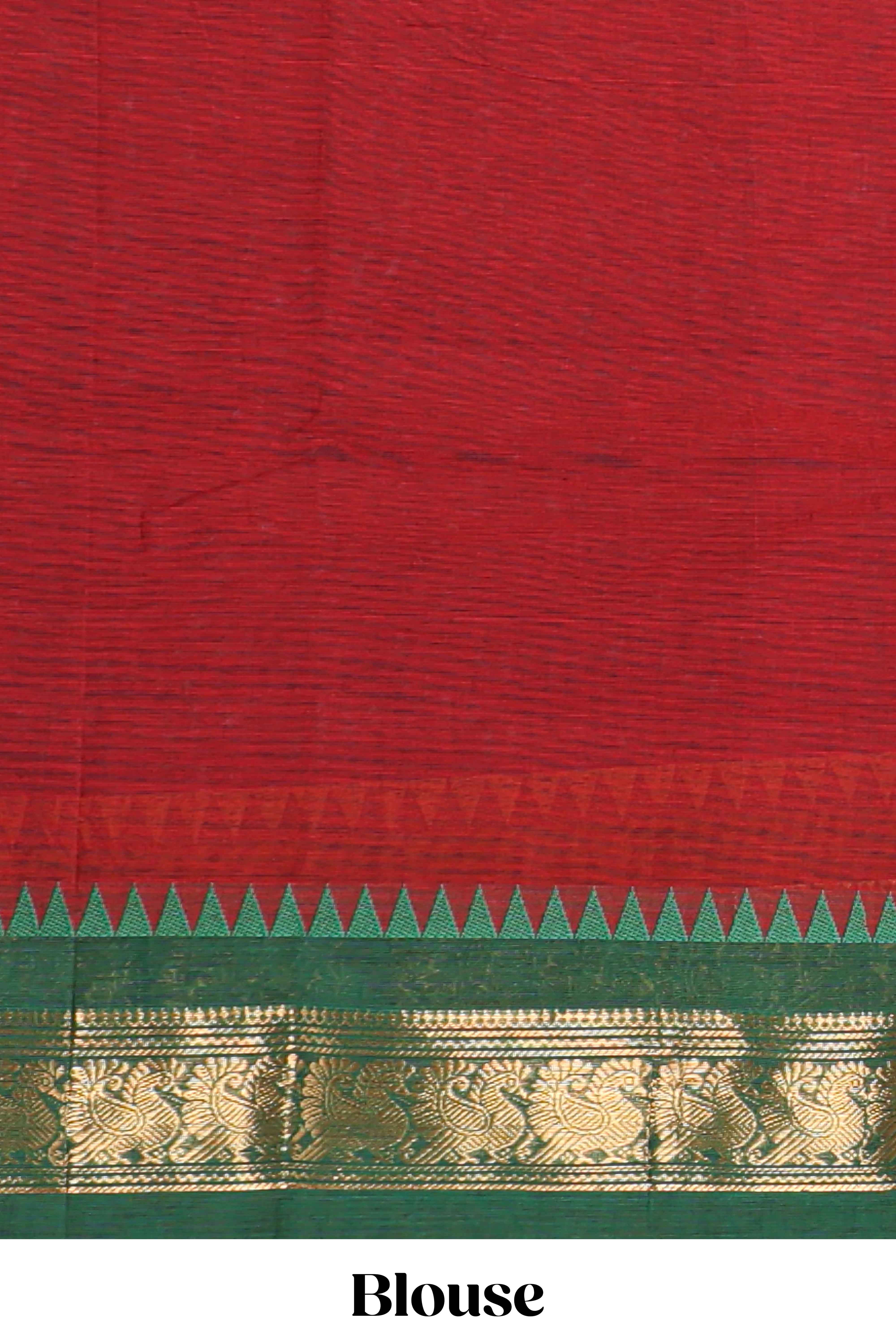 Red plain narayanapet cotton saree with contrast border and stripe pallu - Image 3
