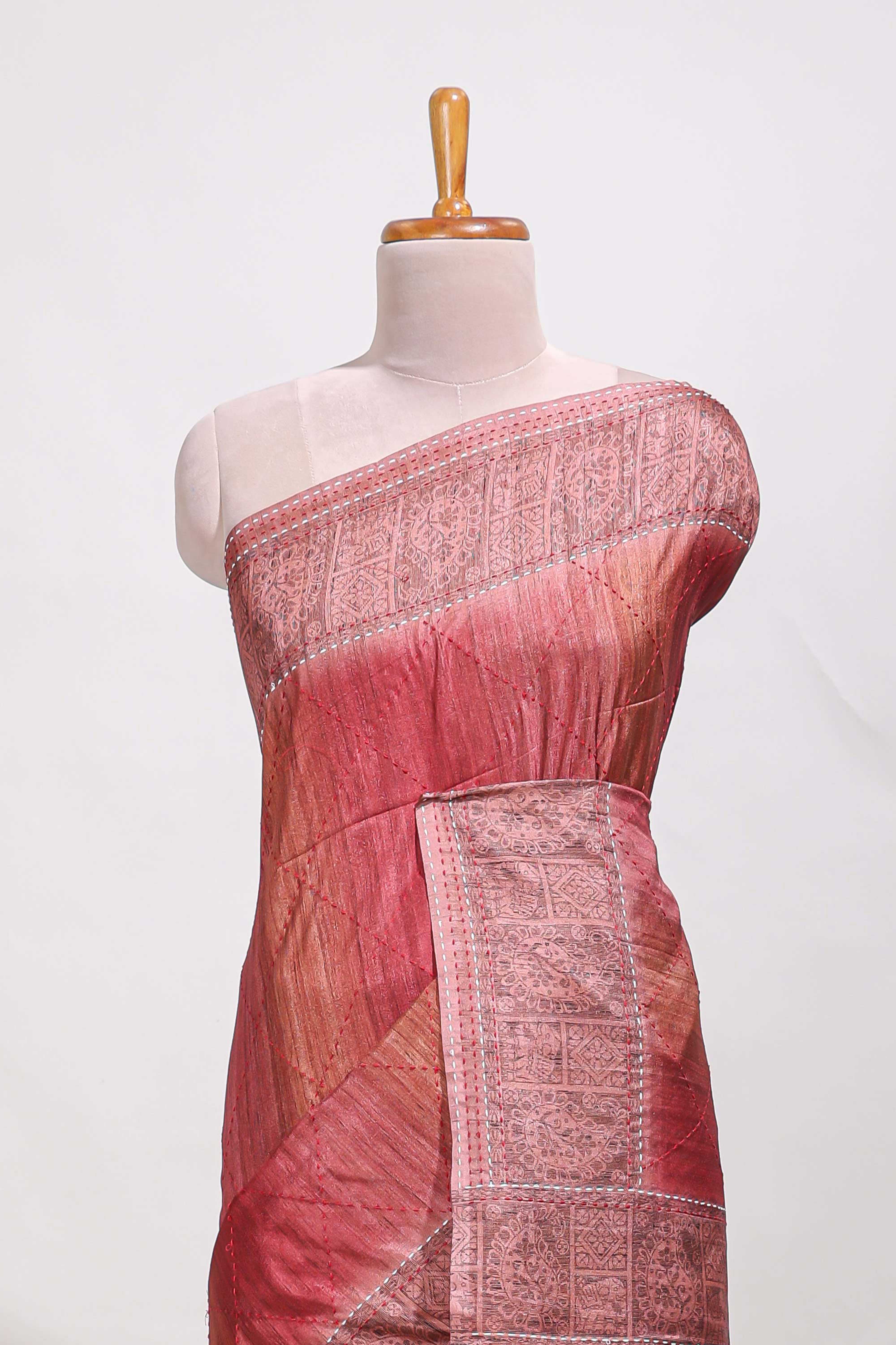 Red shade semi tussar saree all hand work embroidery with contrast border and contrast printed printed pallu - Image 3