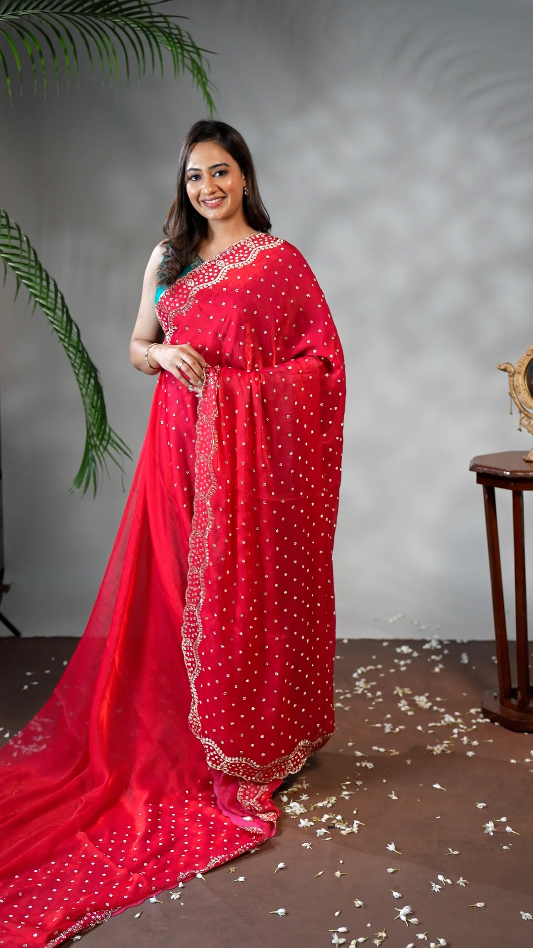 Red Stone work all over body designer saree with scallop design border matching blouse - Image 2