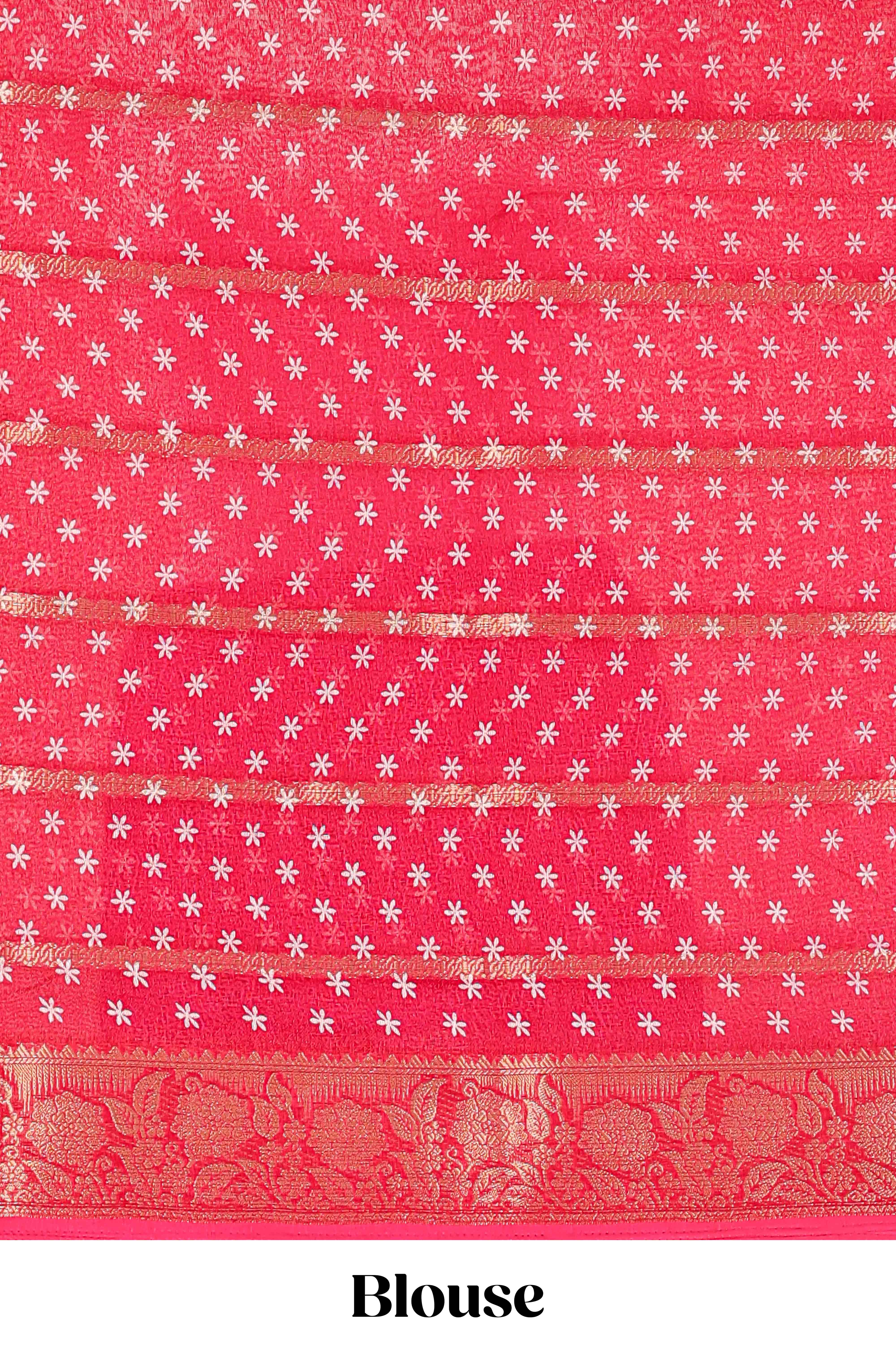 Red striped marsh georgette saree with floral motifs and printed pallu and blouse - Image 5