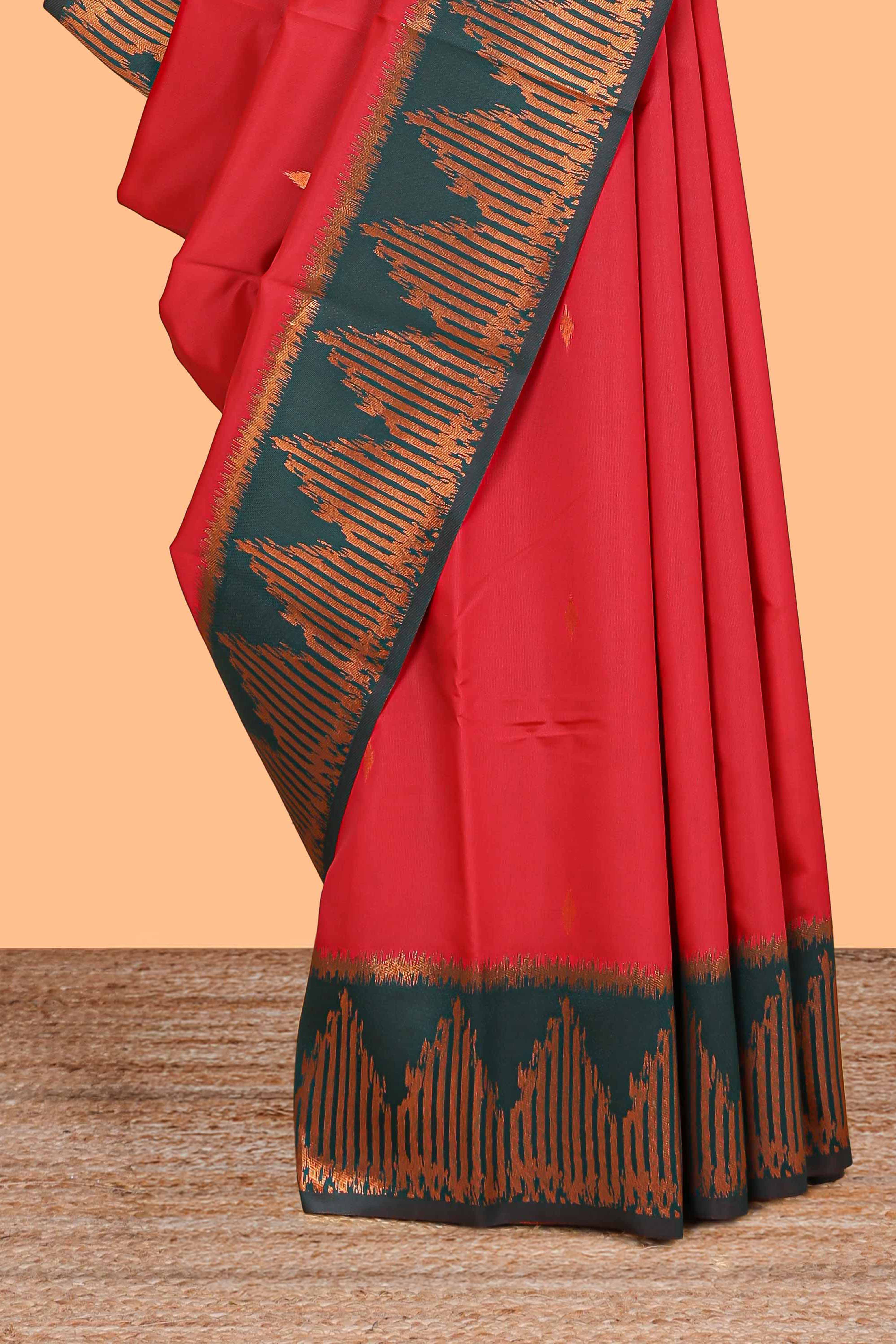 Red zari butta litchi silk saree with contrast zari border and blouse - Image 3