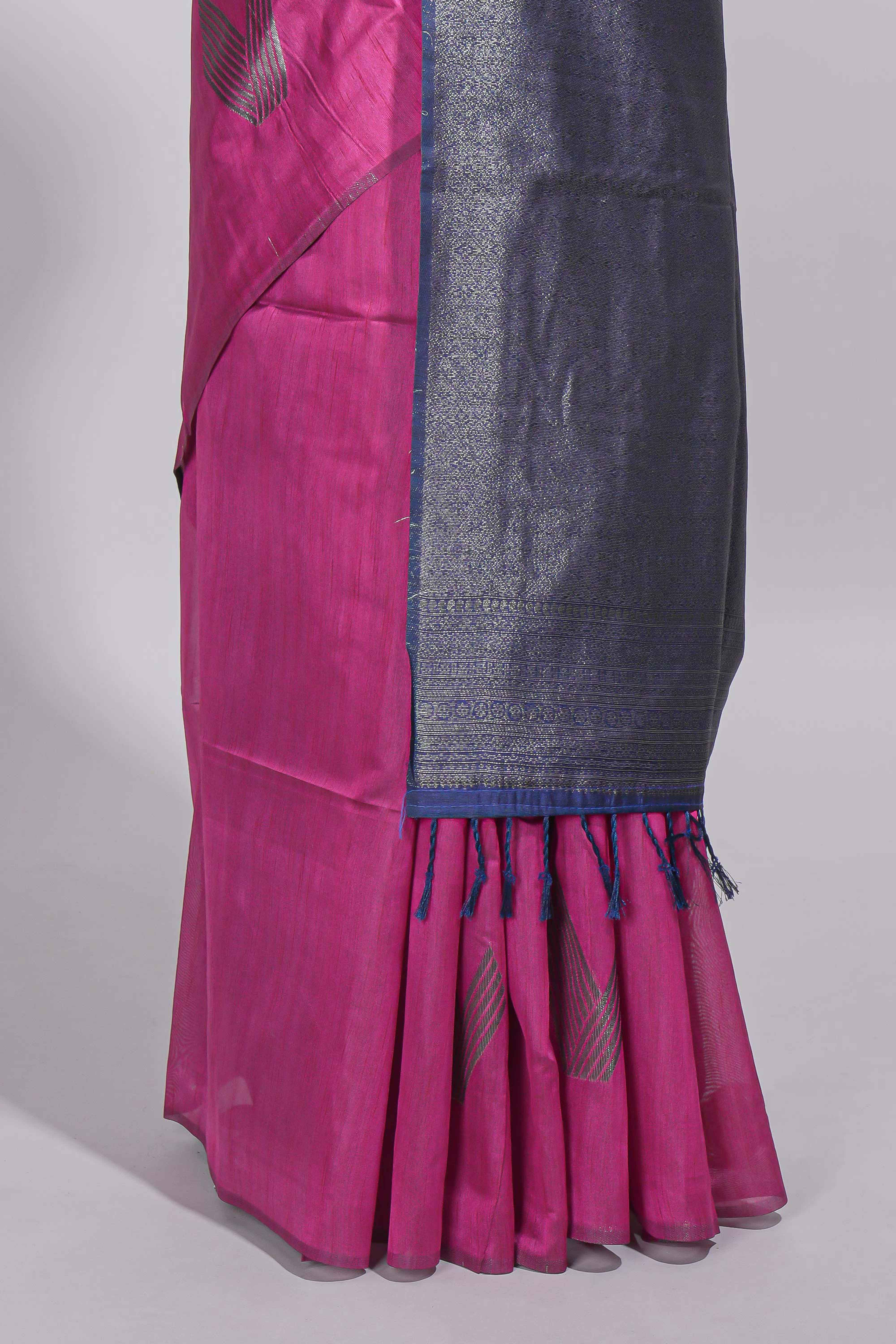 Rose color tussar saree with subtle silver woven motifs paired with a rich zari pallu with tassels with contrast blouse piece - Image 4