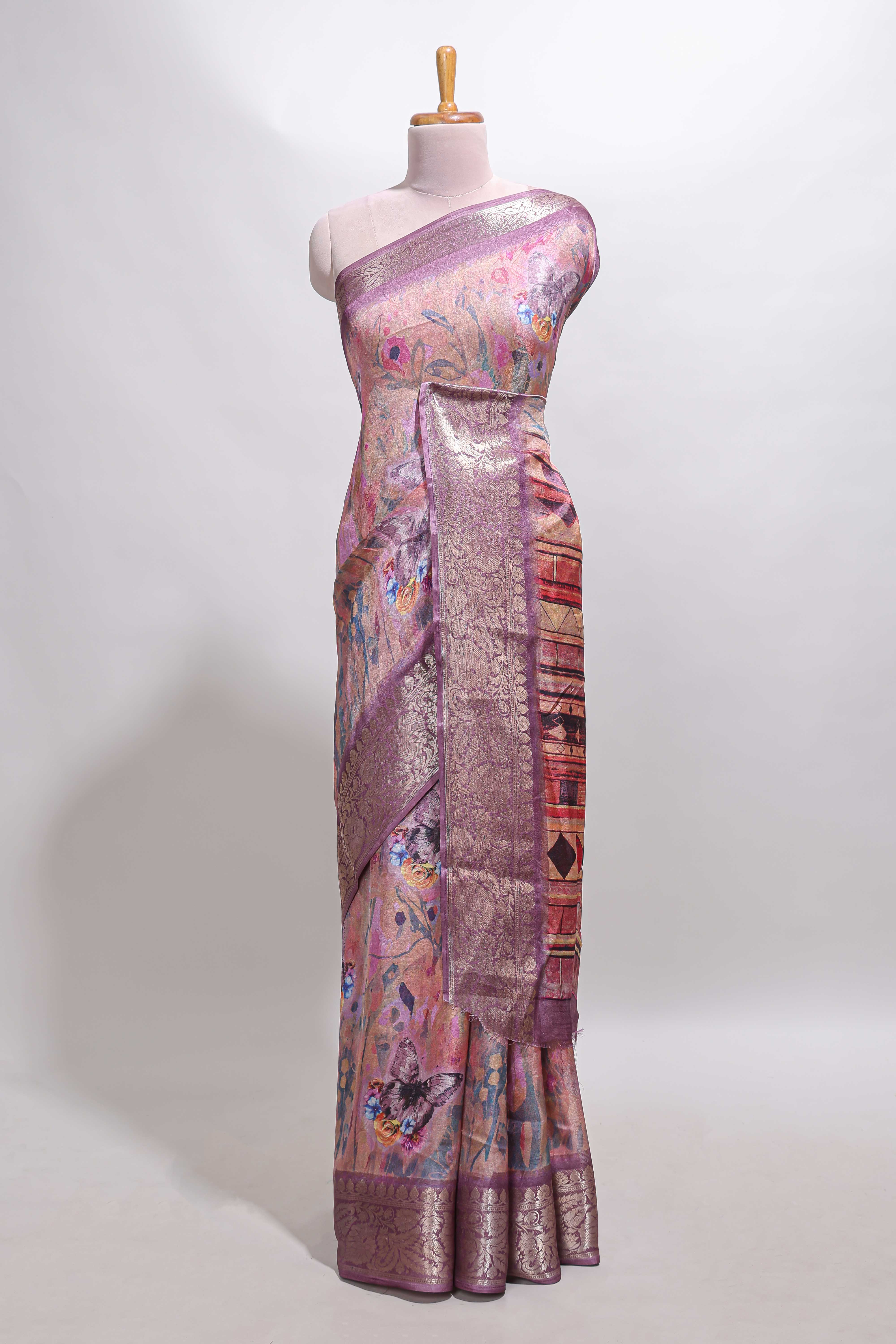 Rose pink butterfly & floral design marsh mellow saree with contrast zari border and contrast blouse - Image 2