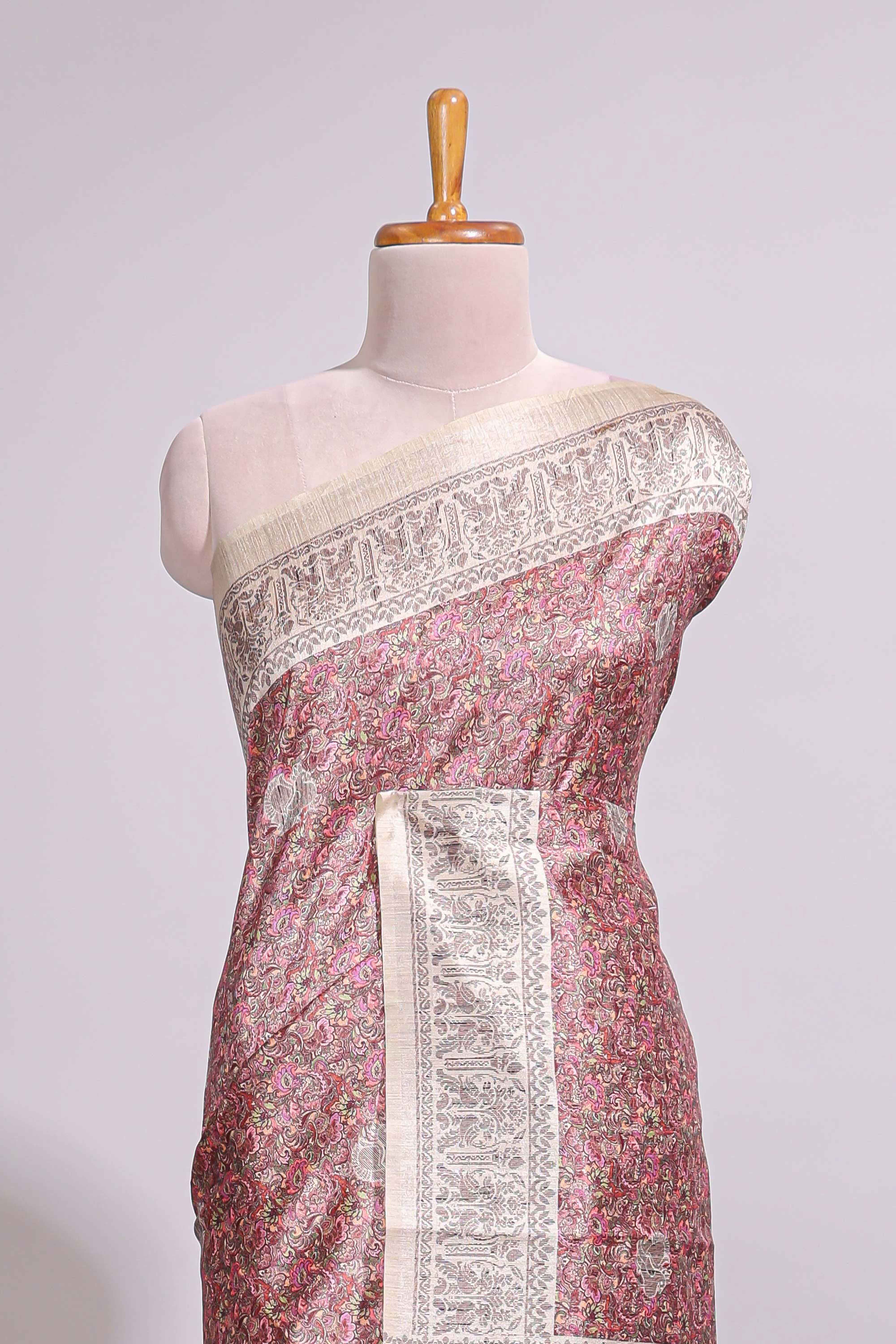 Rose Pink Printed Tussar Silk Saree with Contrast Zari Border and floral printed Blouse - Image 3