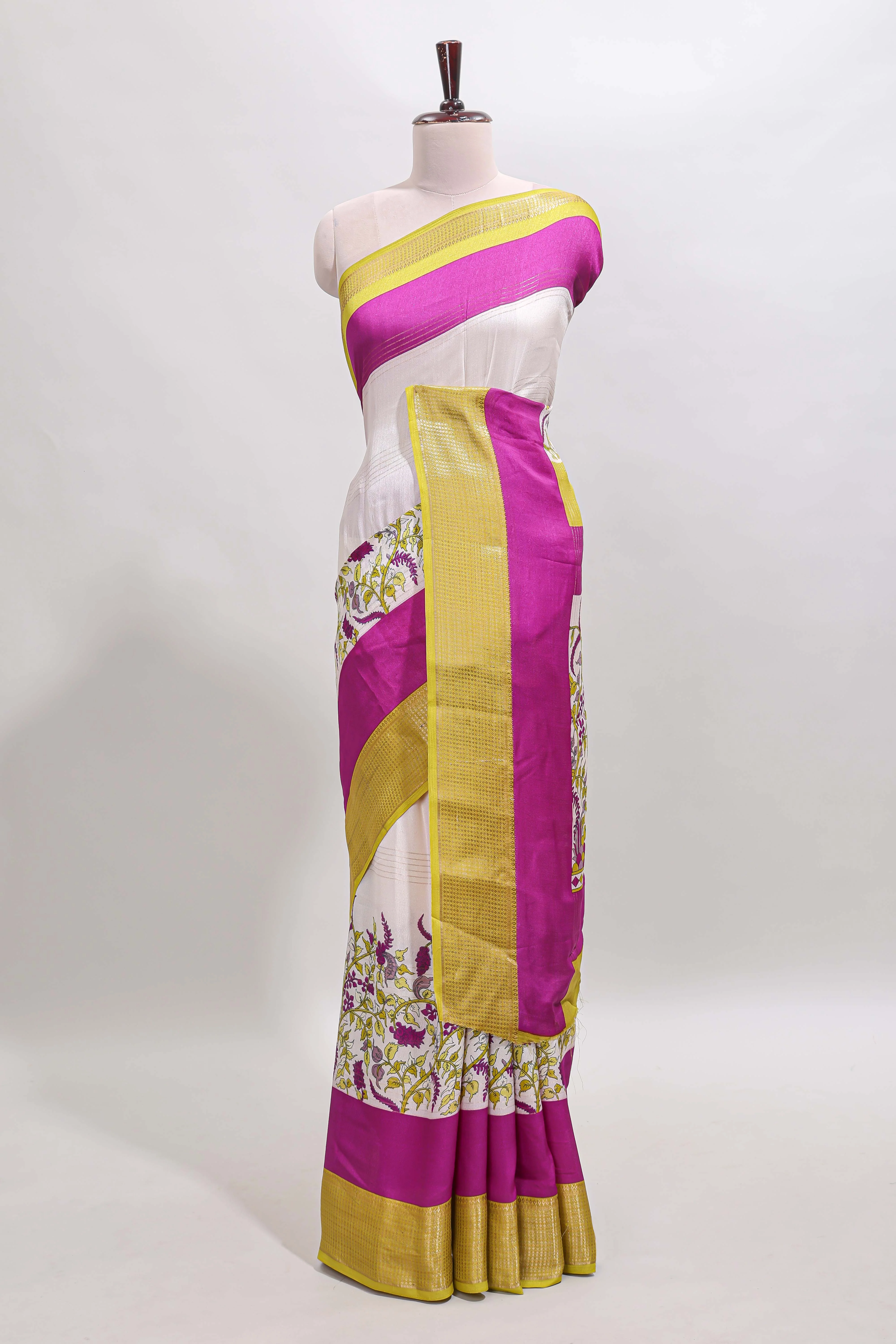 Rose pink & white zari striped floral design marsh mellow saree with contrast zari border and blouse - Image 2