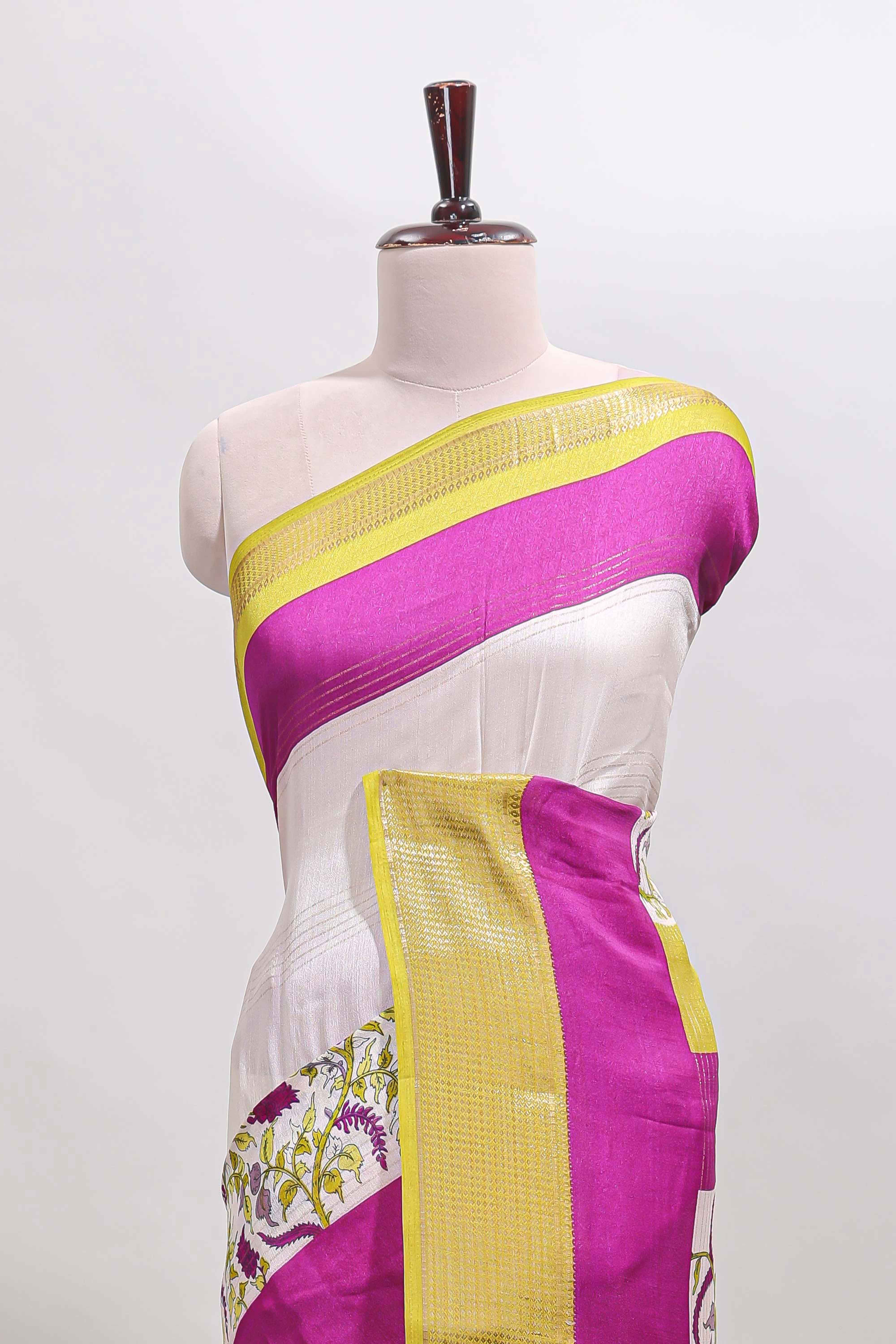 Rose pink & white zari striped floral design marsh mellow saree with contrast zari border and blouse - Image 3