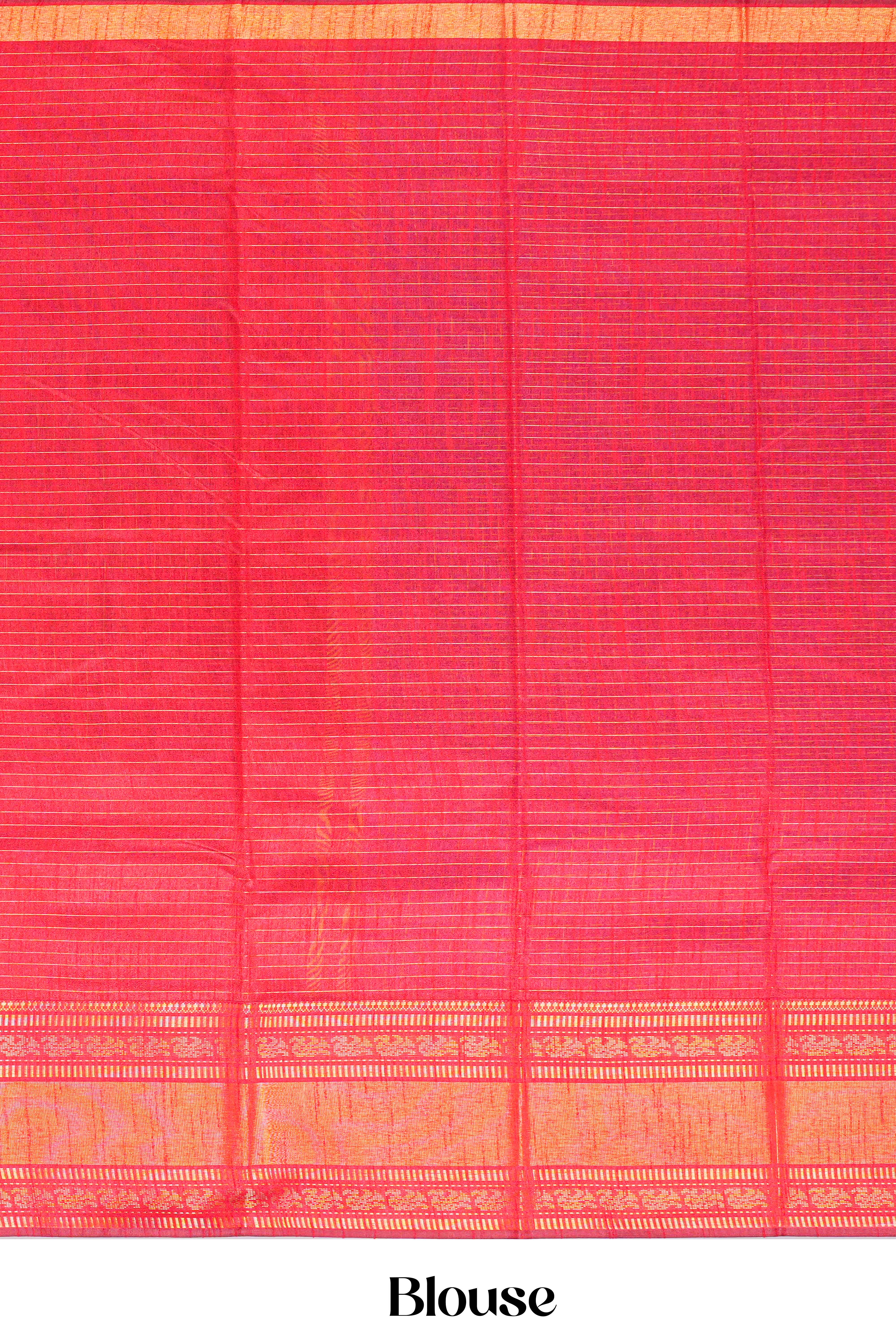 Royal Blue Tussar Saree Golden Zari Weaving Across The Body Rich Red Contrast Border and Zari Motifs, Stripes Design In pallu With Contrast Blouse - Image 6
