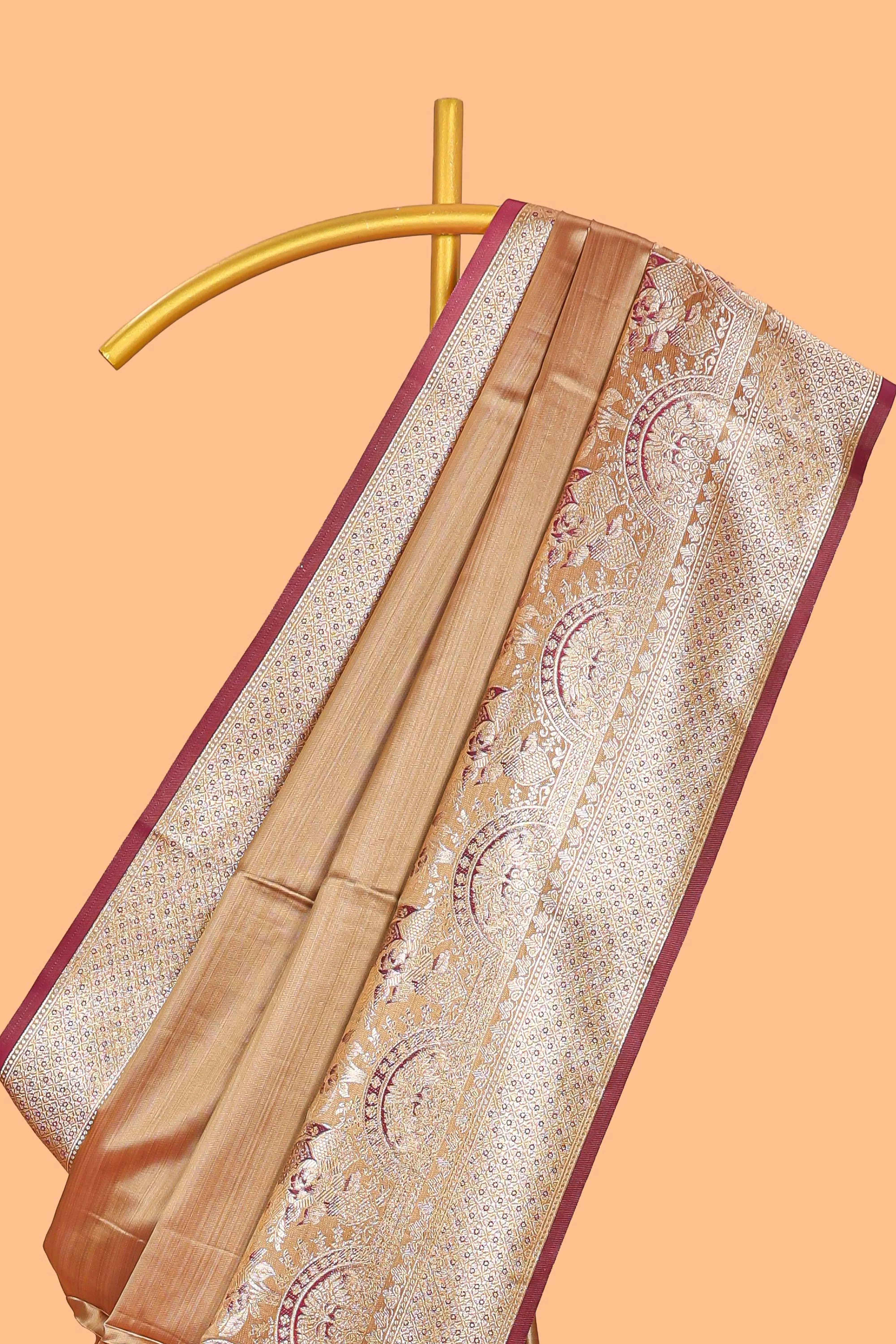 Rust orange floral design banarasi silk saree with contrast border and floral printed blouse - Image 2