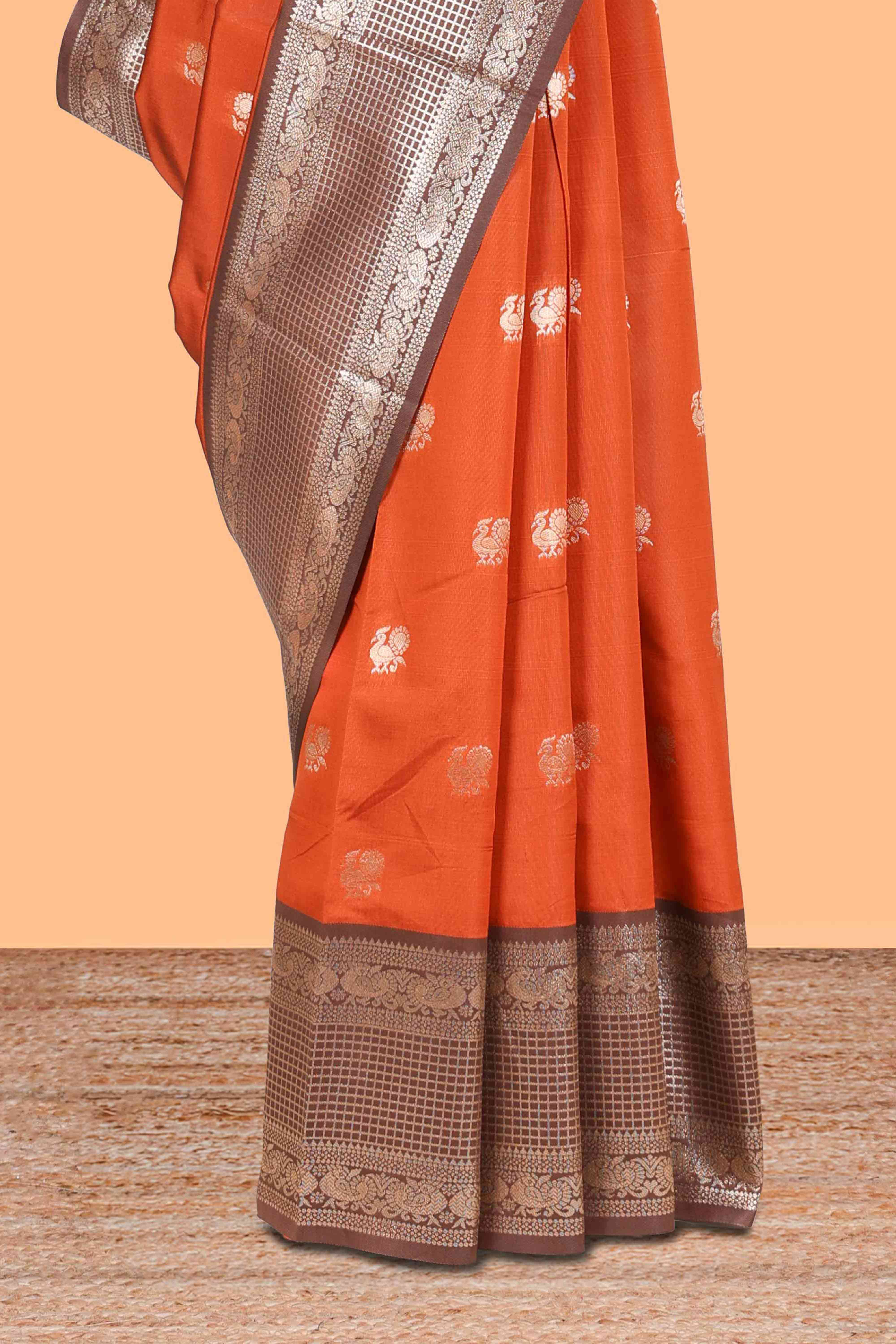 Rust orange peacock zari motifs design semi soft silk saree with contrast zari border and pallu - Image 3