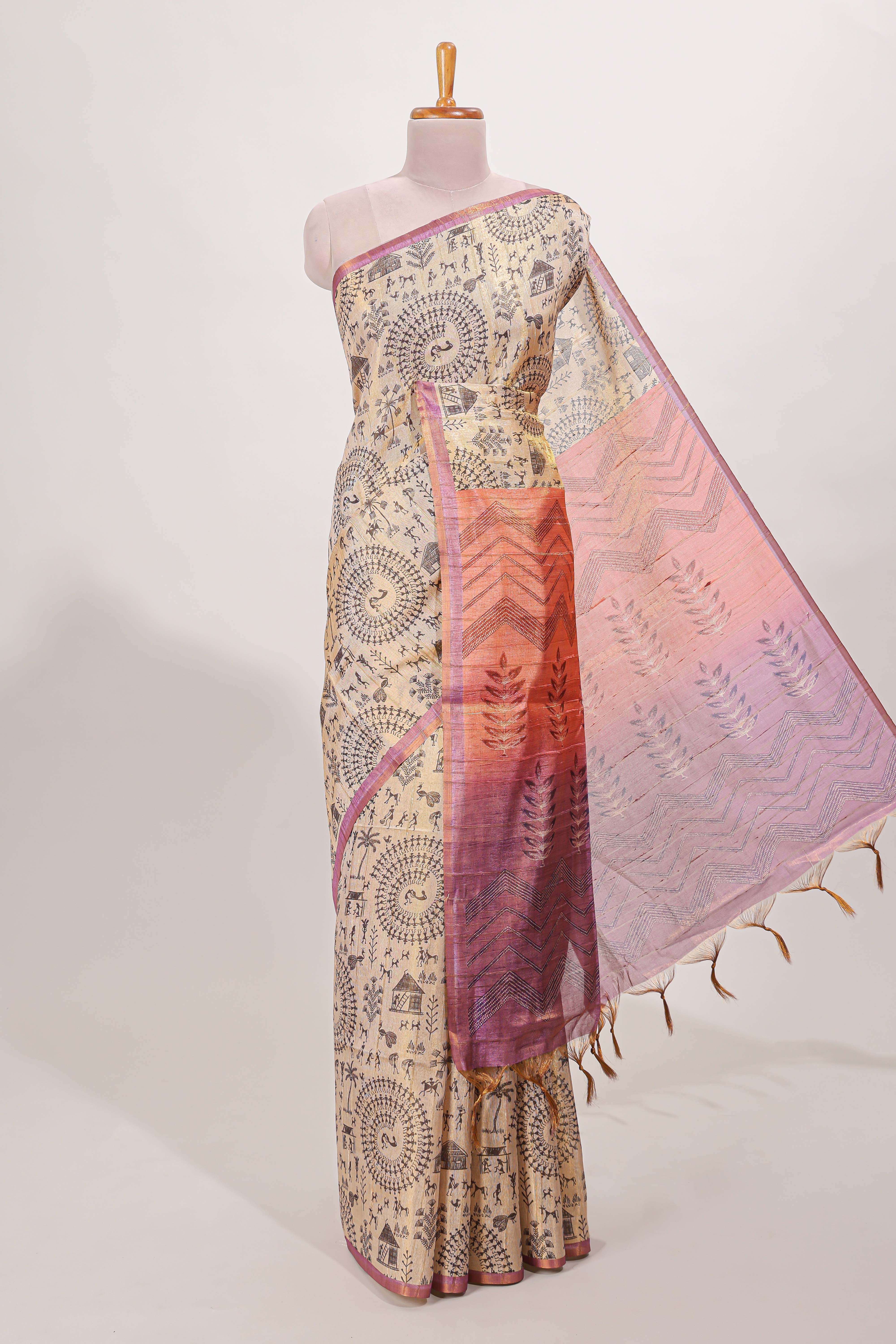 Sandal semi tussar saree all over body Warli print with  leaf motifs pallu and contrast blouse - Image 2