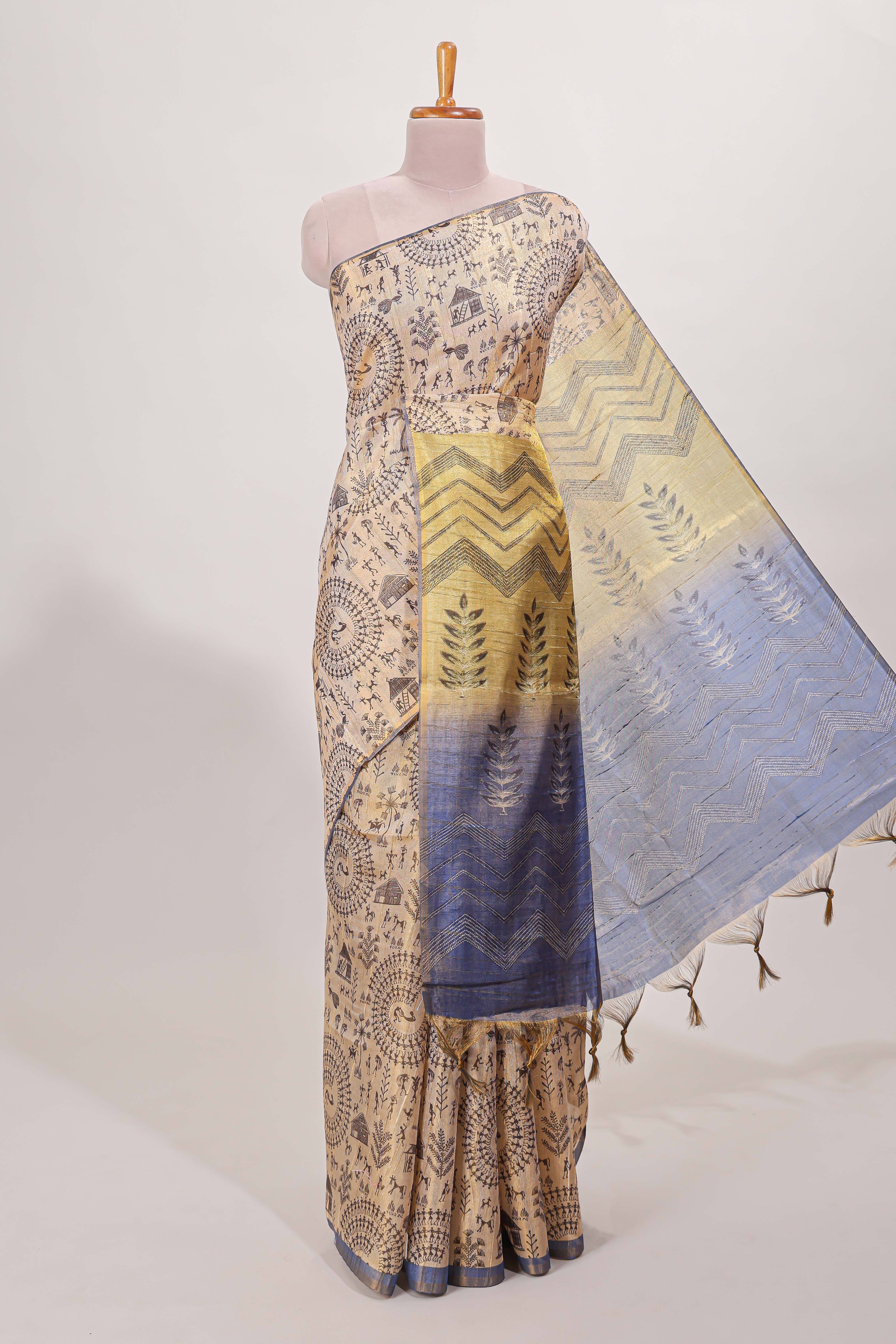 Sandal all over body Warli print with leaf motifs pallu and contrast blouse - Image 2