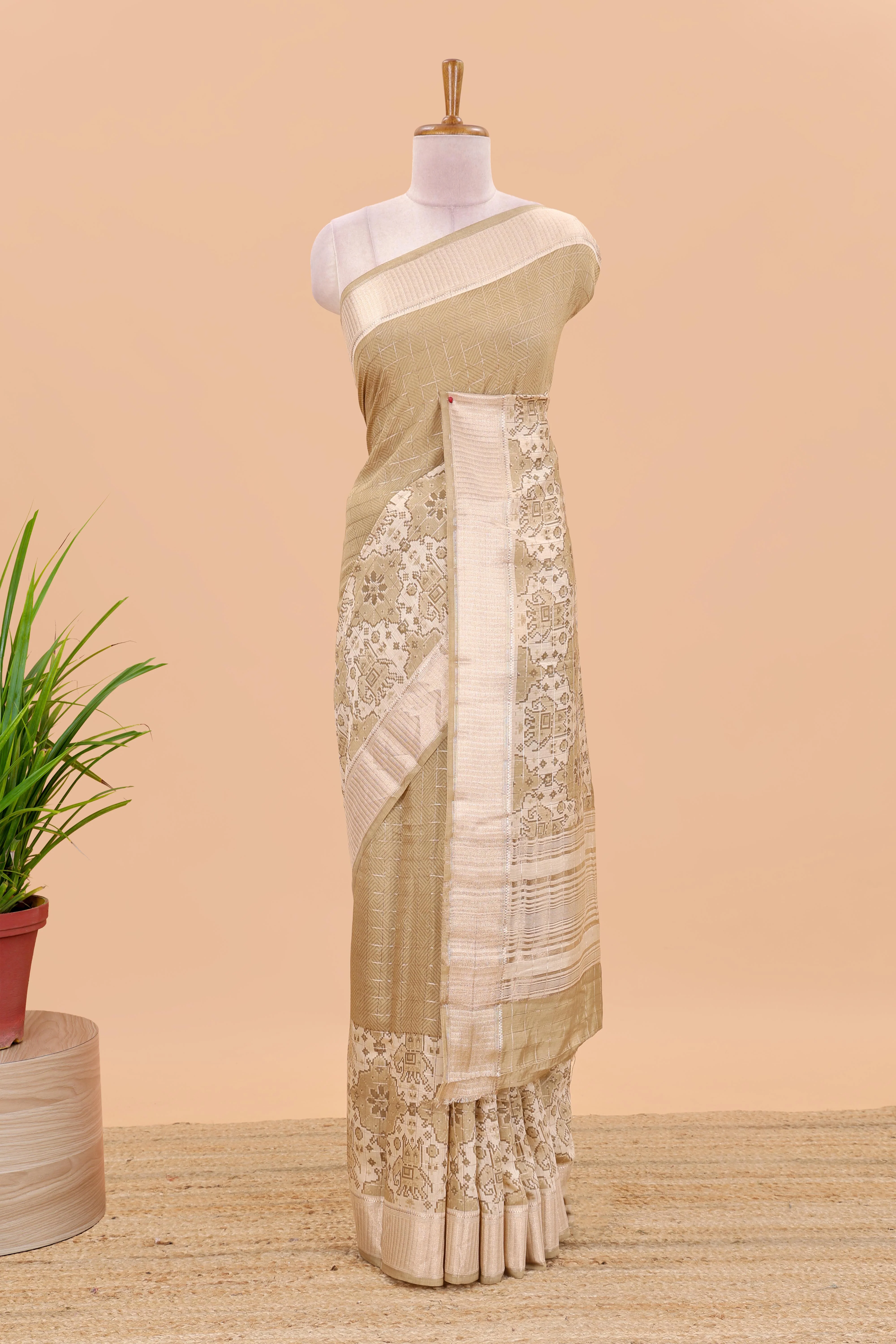 Sandal checked chanderi cotton saree with floral and animal motifs zari border - Image 2