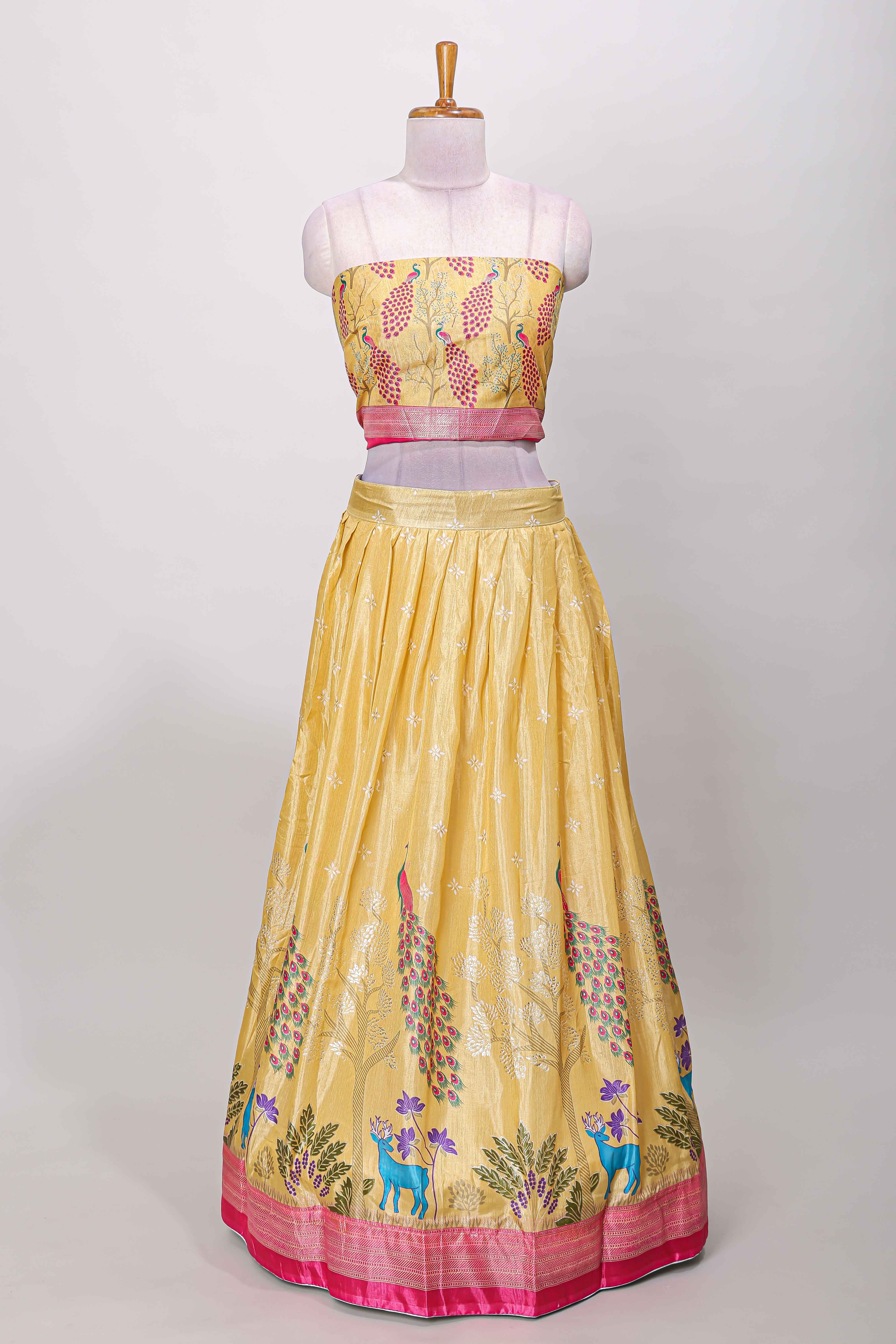 Sandal dola silk peacock and floral printed lehenga with contrast border and dhavani - Image 3