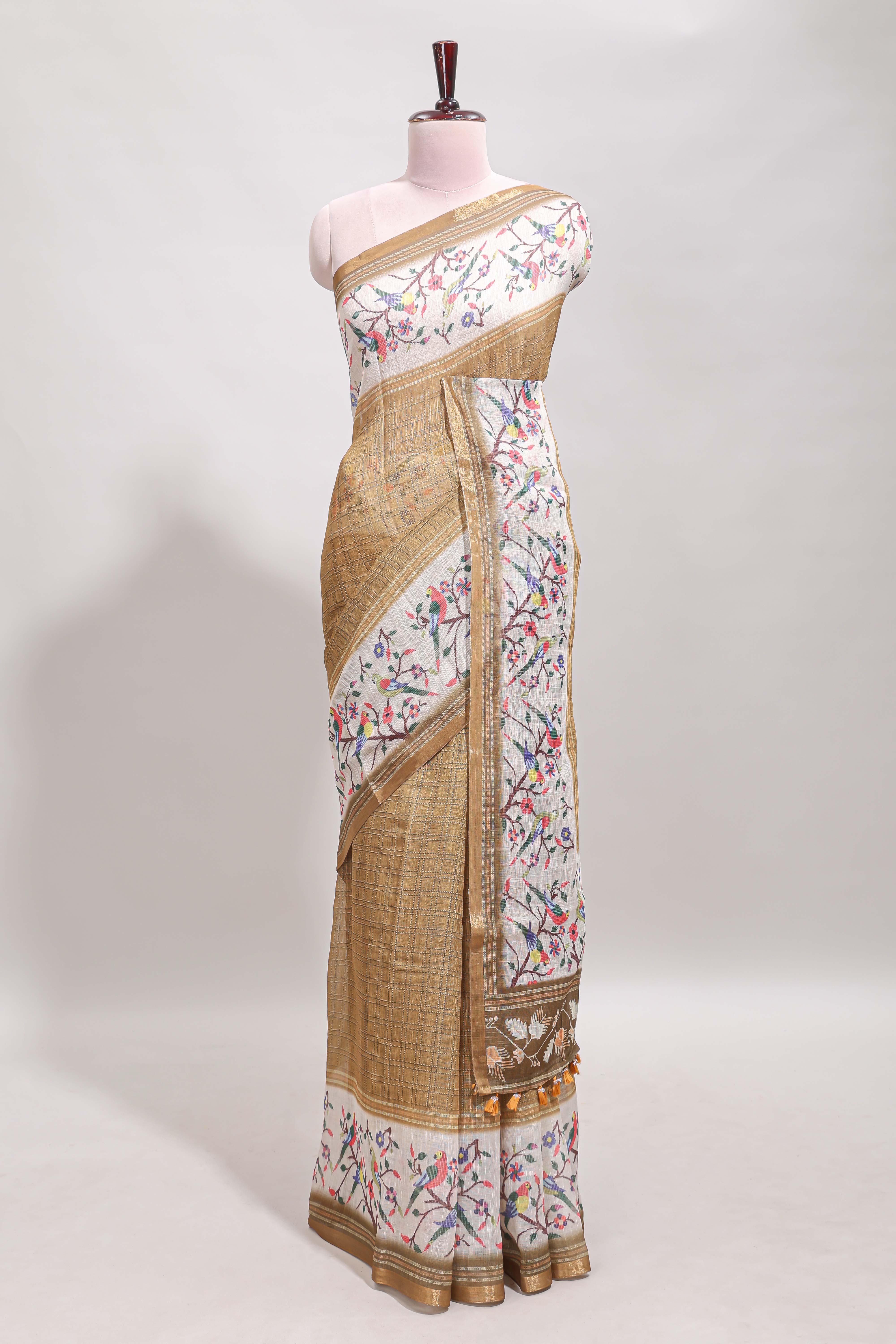Sandal floral & bird motif bottom with checked body linen cotton saree, self zari border and matching blouse - Image 2