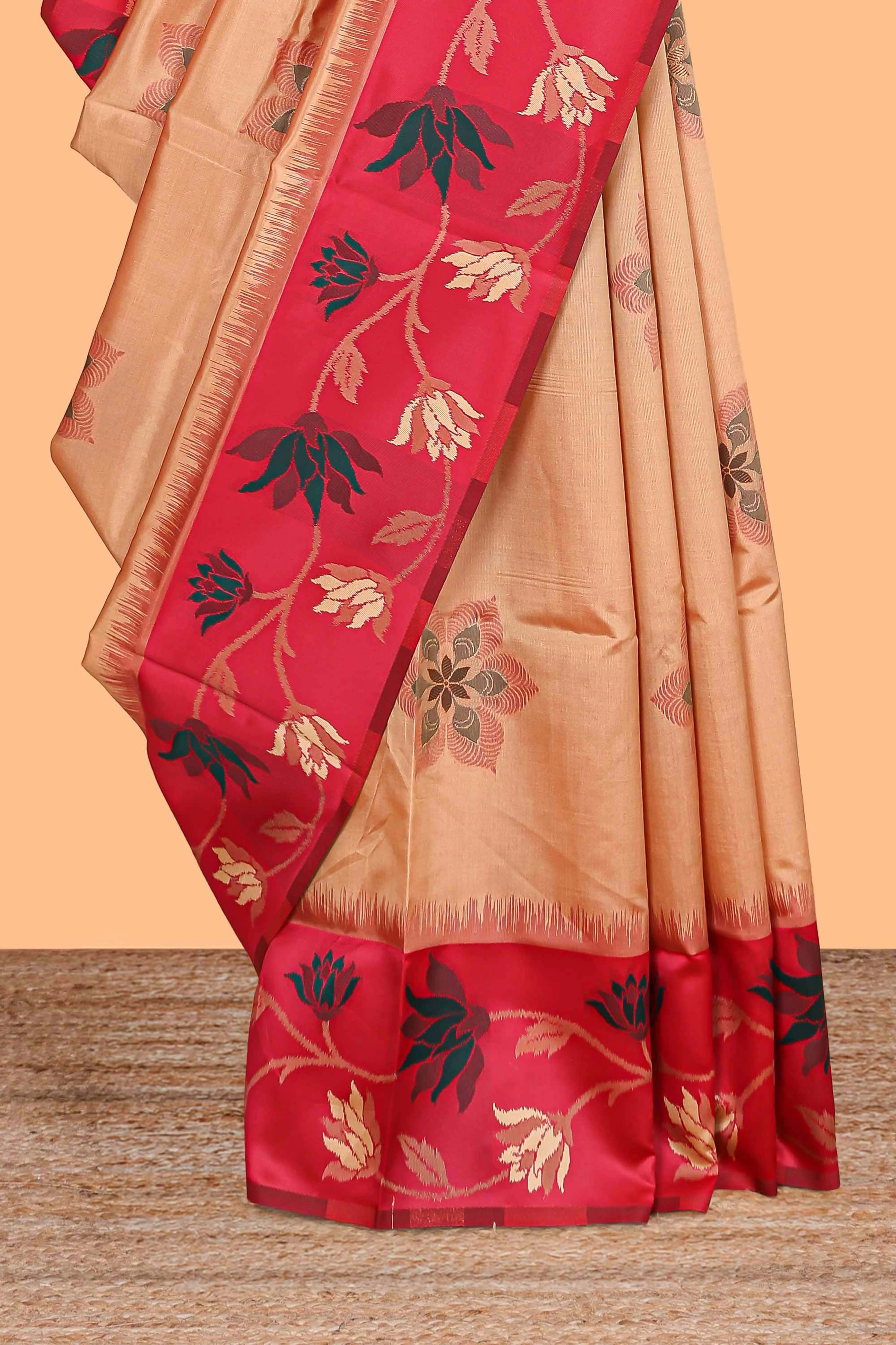 Sandal floral motifs litchi silk saree with contrast floral vine border and blouse - Image 3