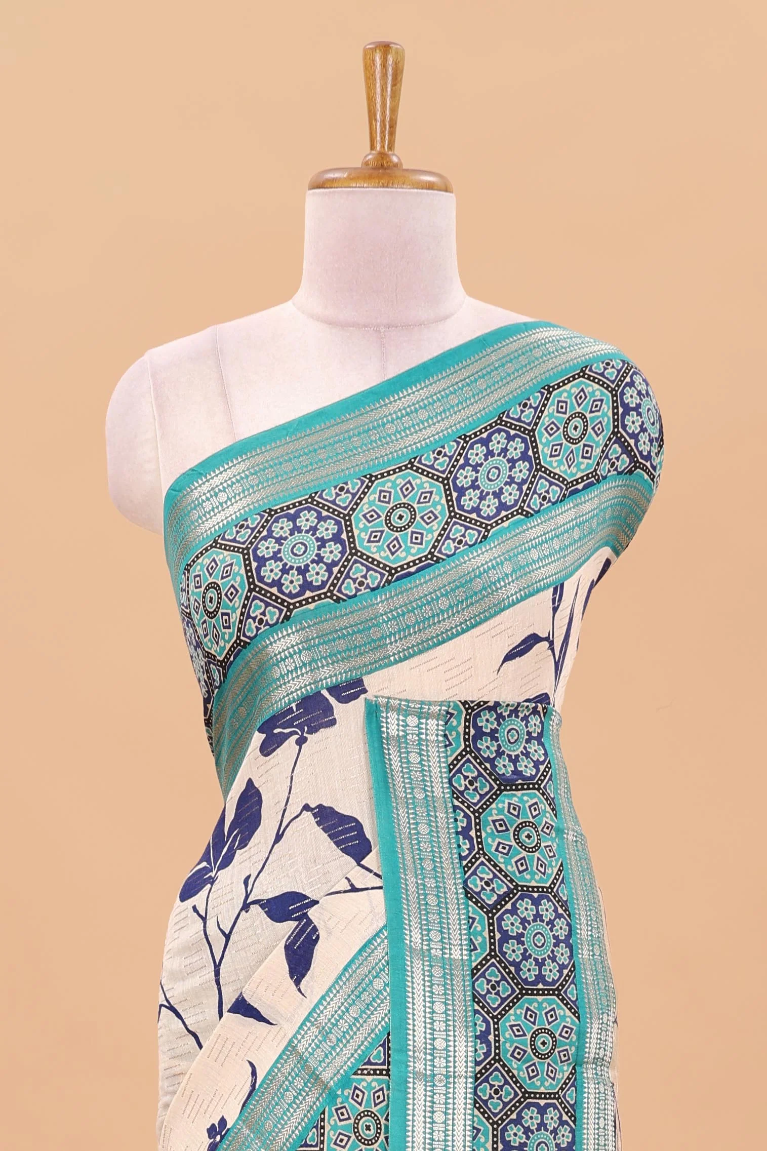 Sandal floral print chanderi cotton saree with contrast zari design border and stripes pallu - Image 3