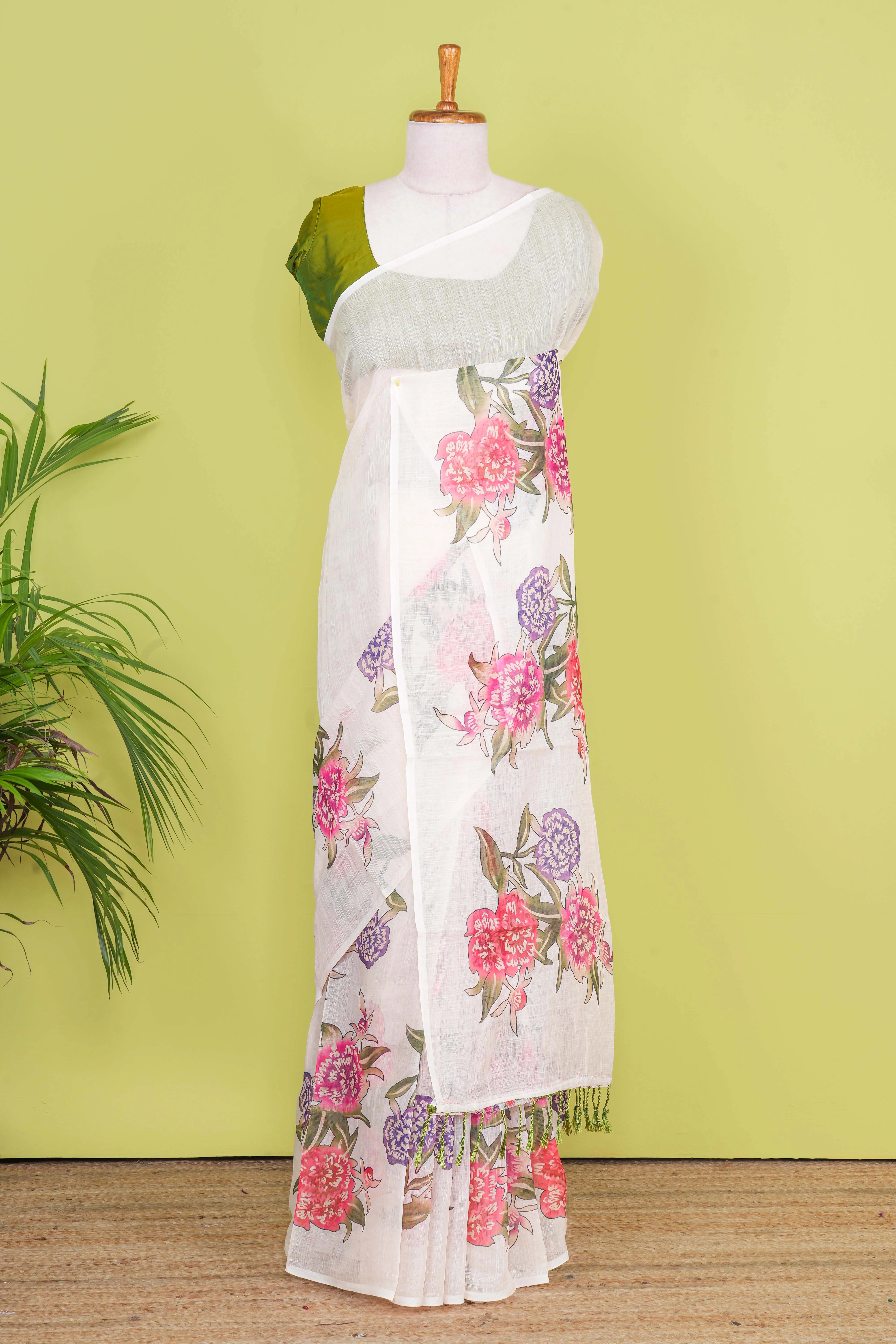 Sandal Linen Cotton Saree Flower Motifs Across The Body Along With Blouse - Image 2