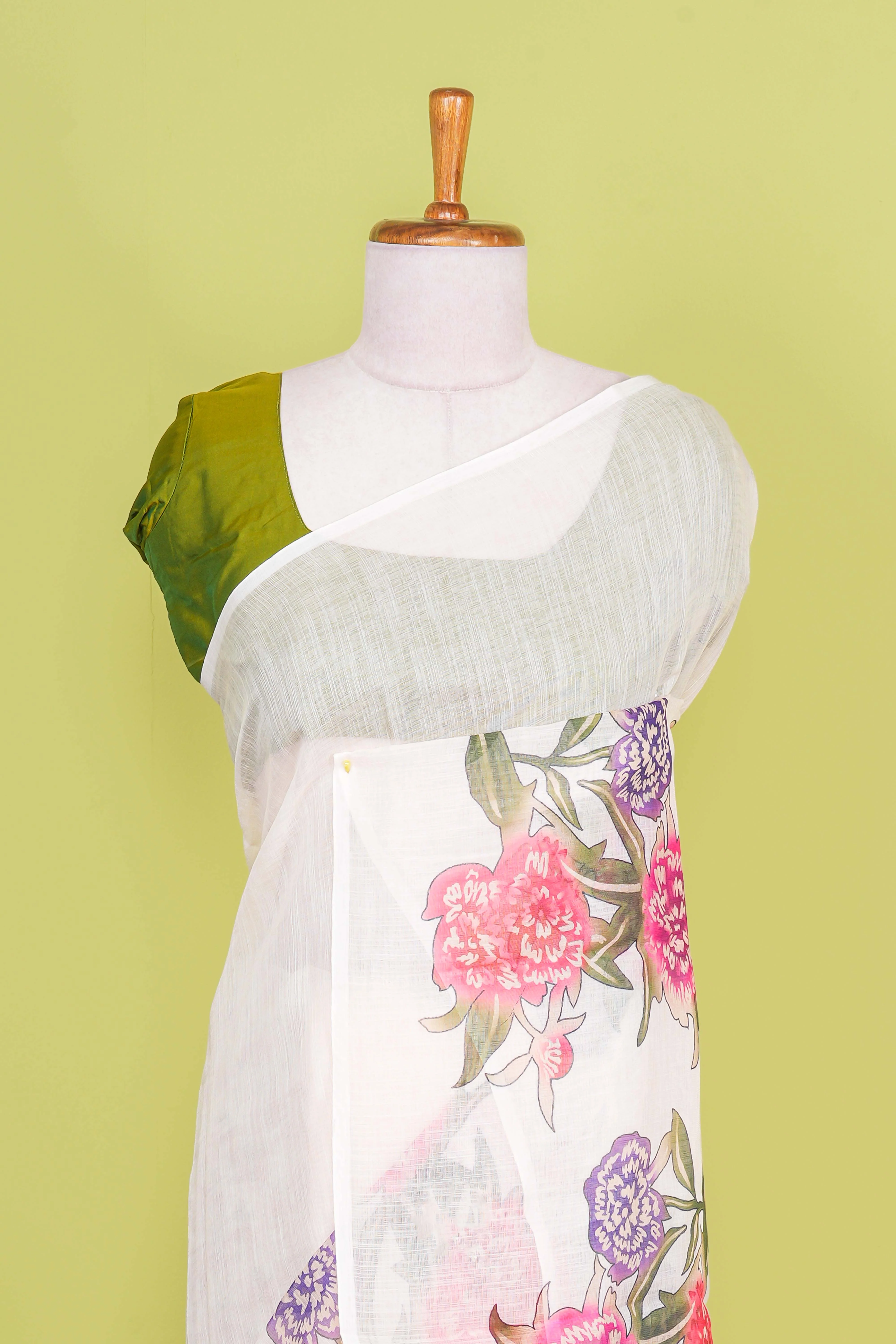 Sandal Linen Cotton Saree Flower Motifs Across The Body Along With Blouse - Image 3