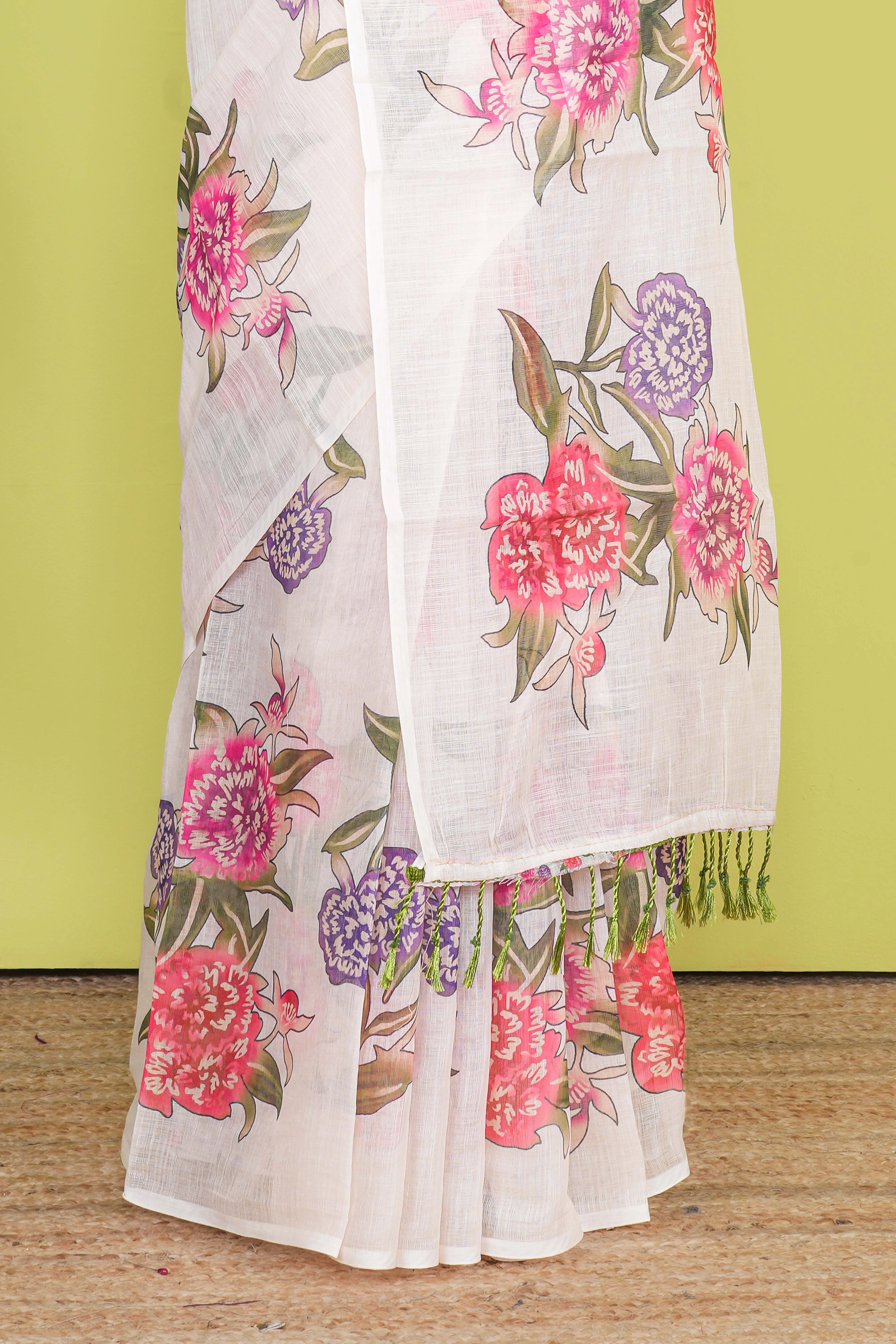 Sandal Linen Cotton Saree Flower Motifs Across The Body Along With Blouse - Image 4