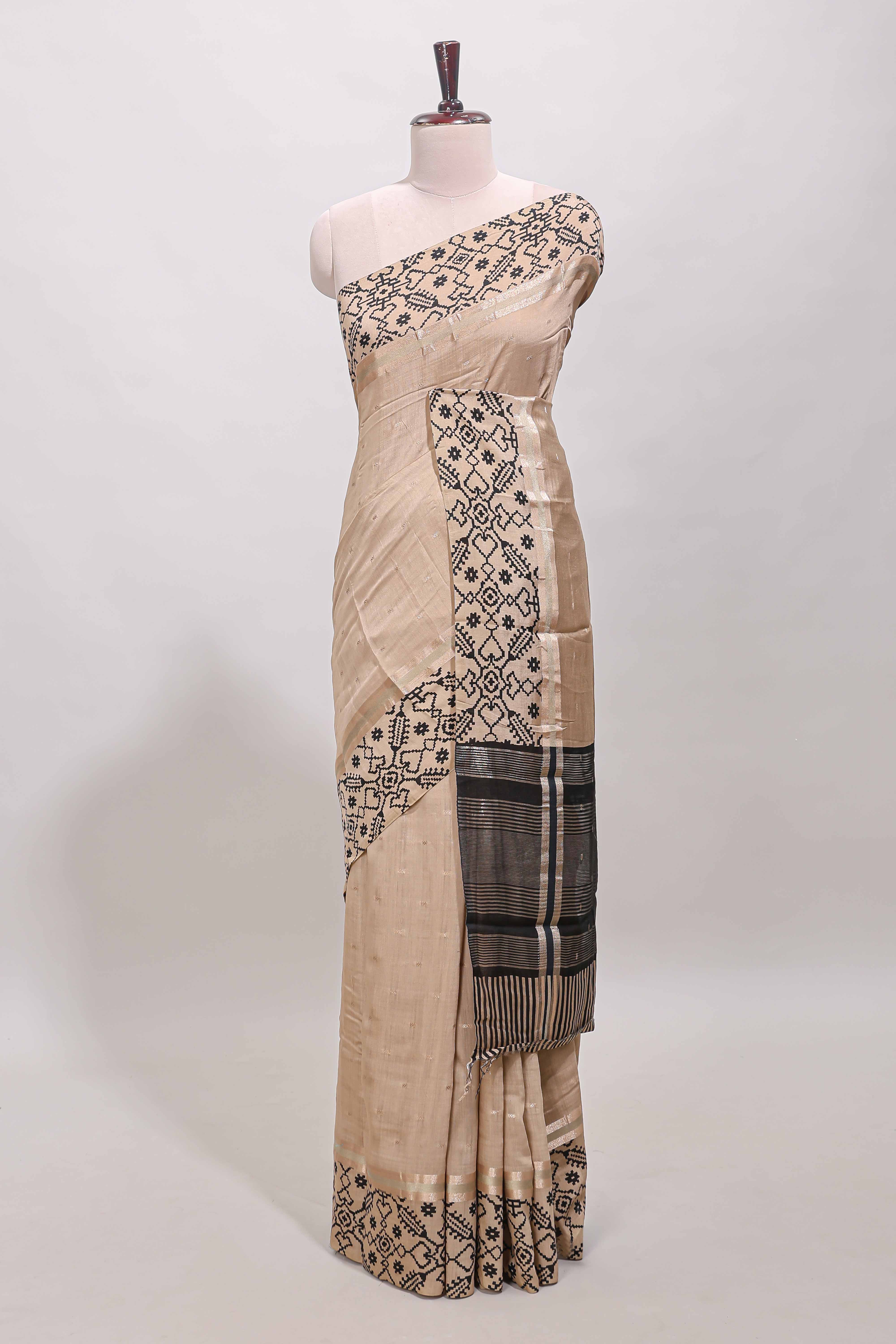 Sandal plain assam silk saree eith self ikkat style border and matching blouse - Image 2
