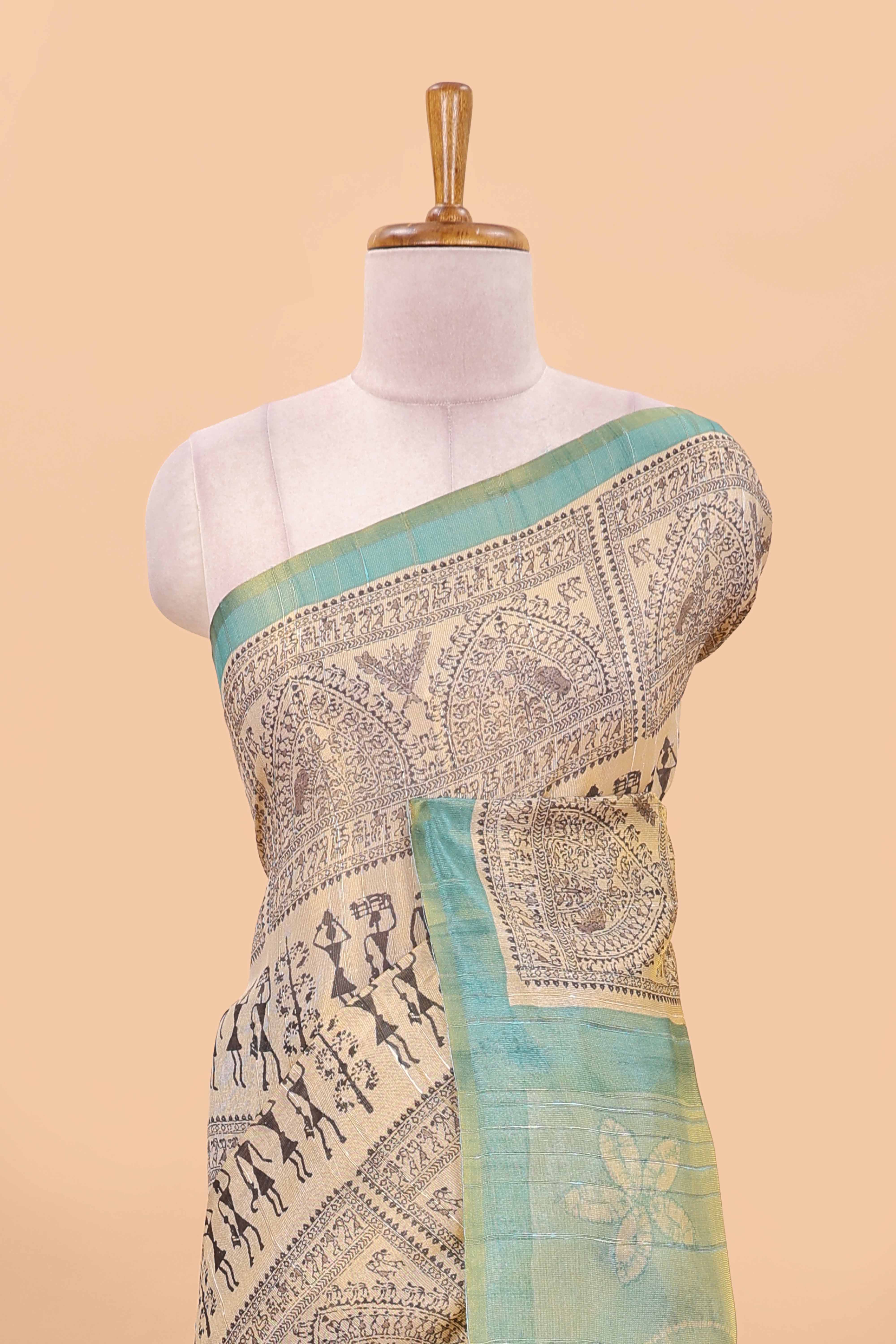 Sandal semi tussar digital batik print saree with contrast blouse and pallu - Image 3