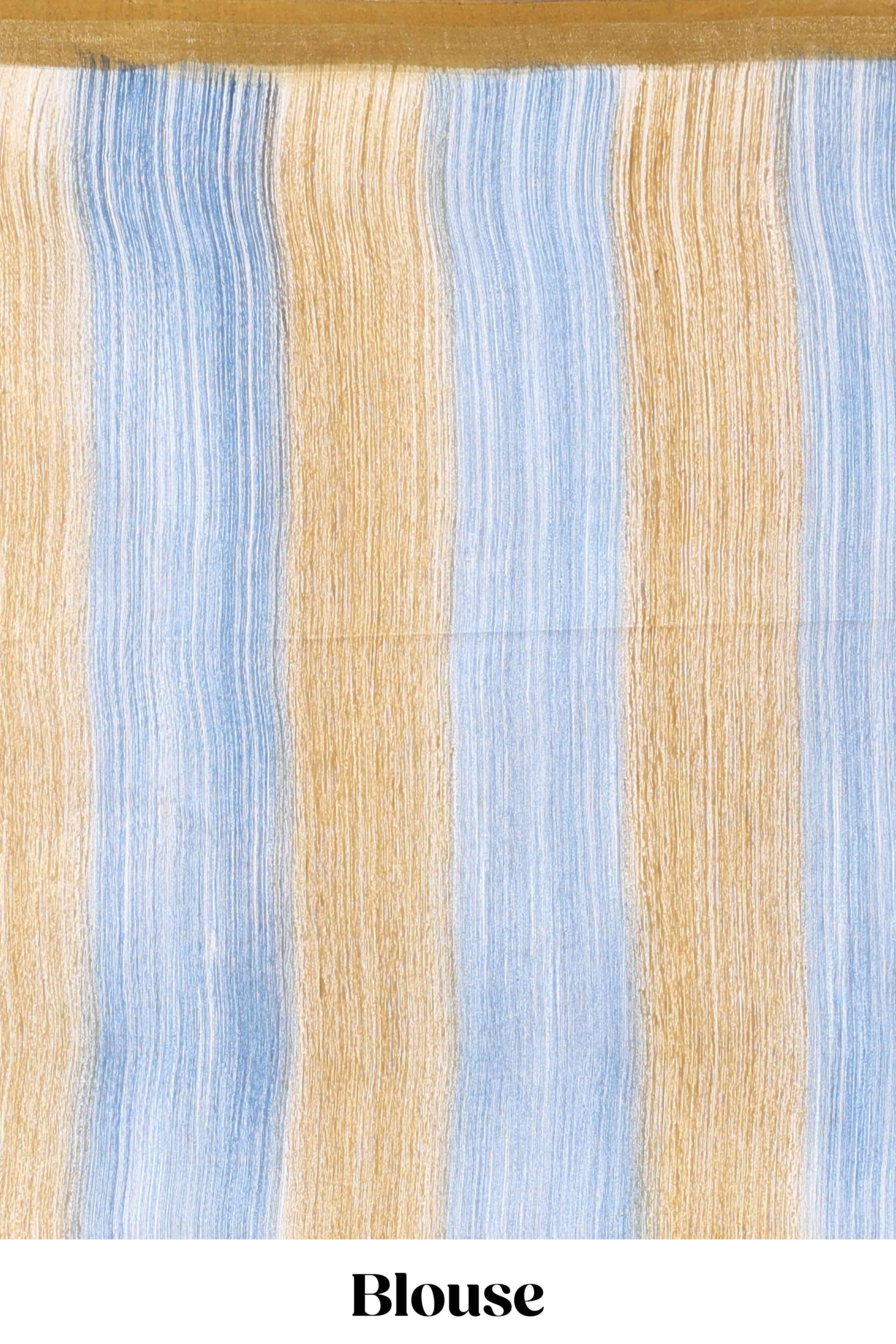 Sandal thread work stripes chikankari cotton saree with pallu and blouse - Image 5