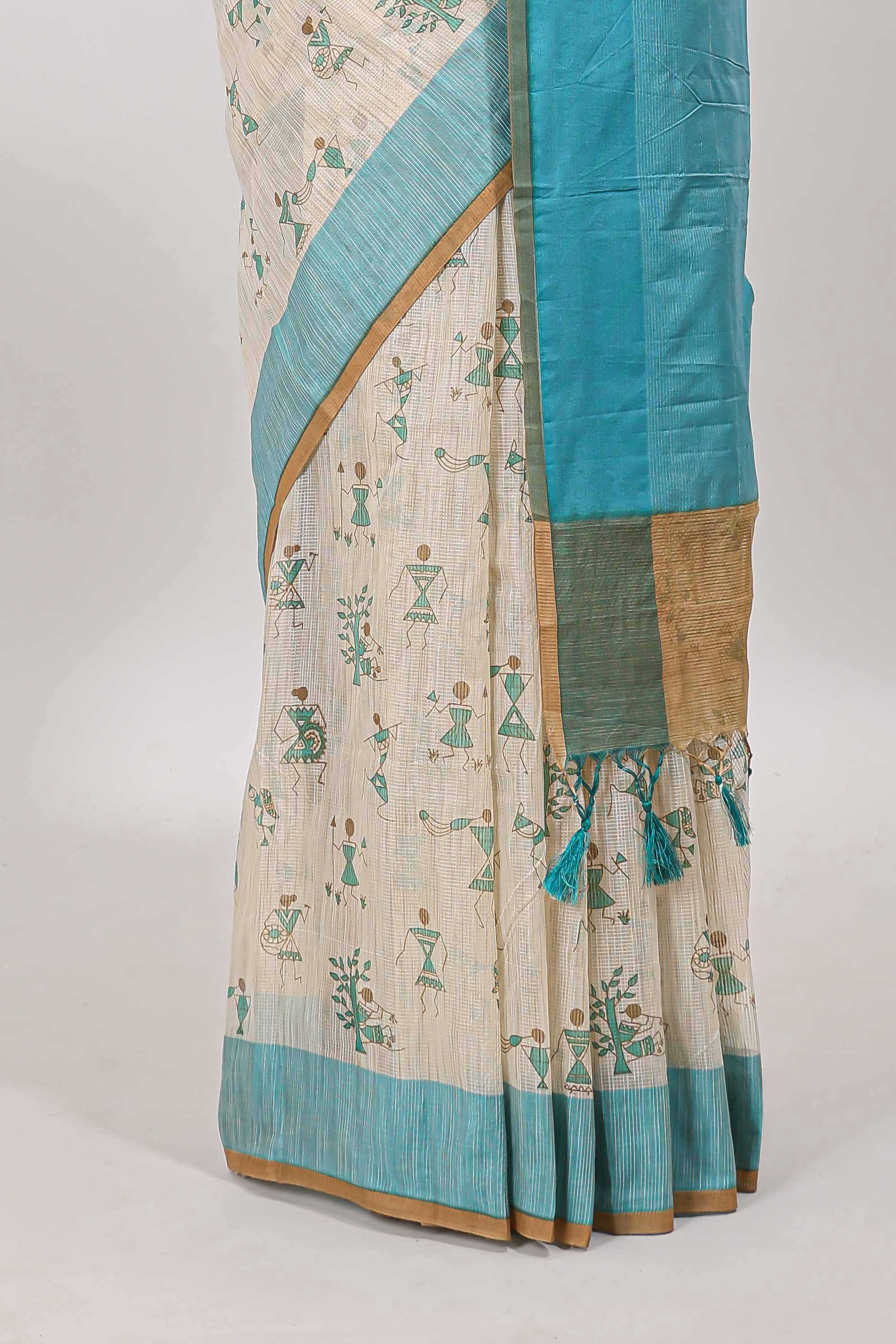 Sandal warli design kota cotton saree with contrast green border and matching blouse - Image 4