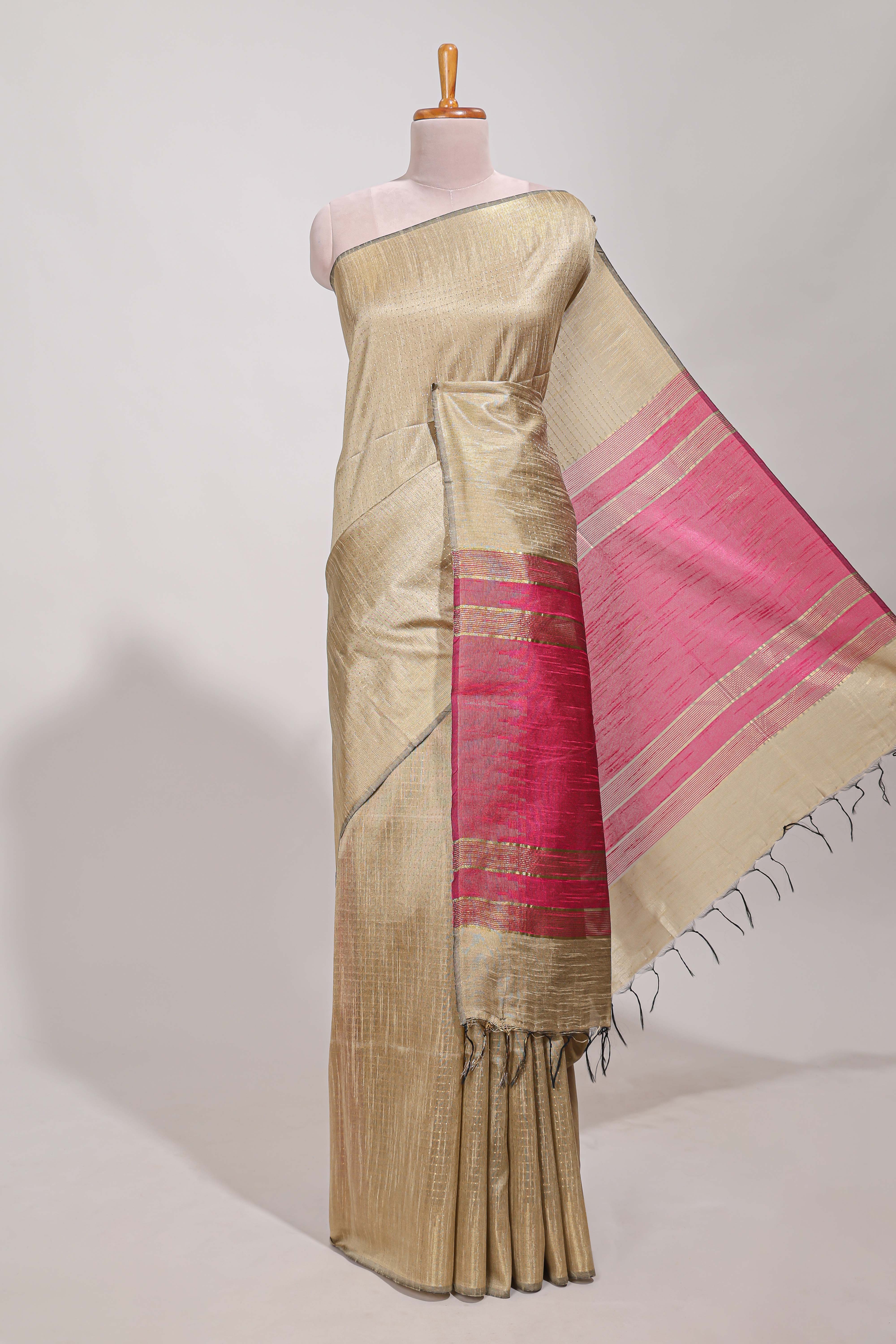 Sandle colour semi tussar saree with contrast zari pallu and contrast blouse - Image 2
