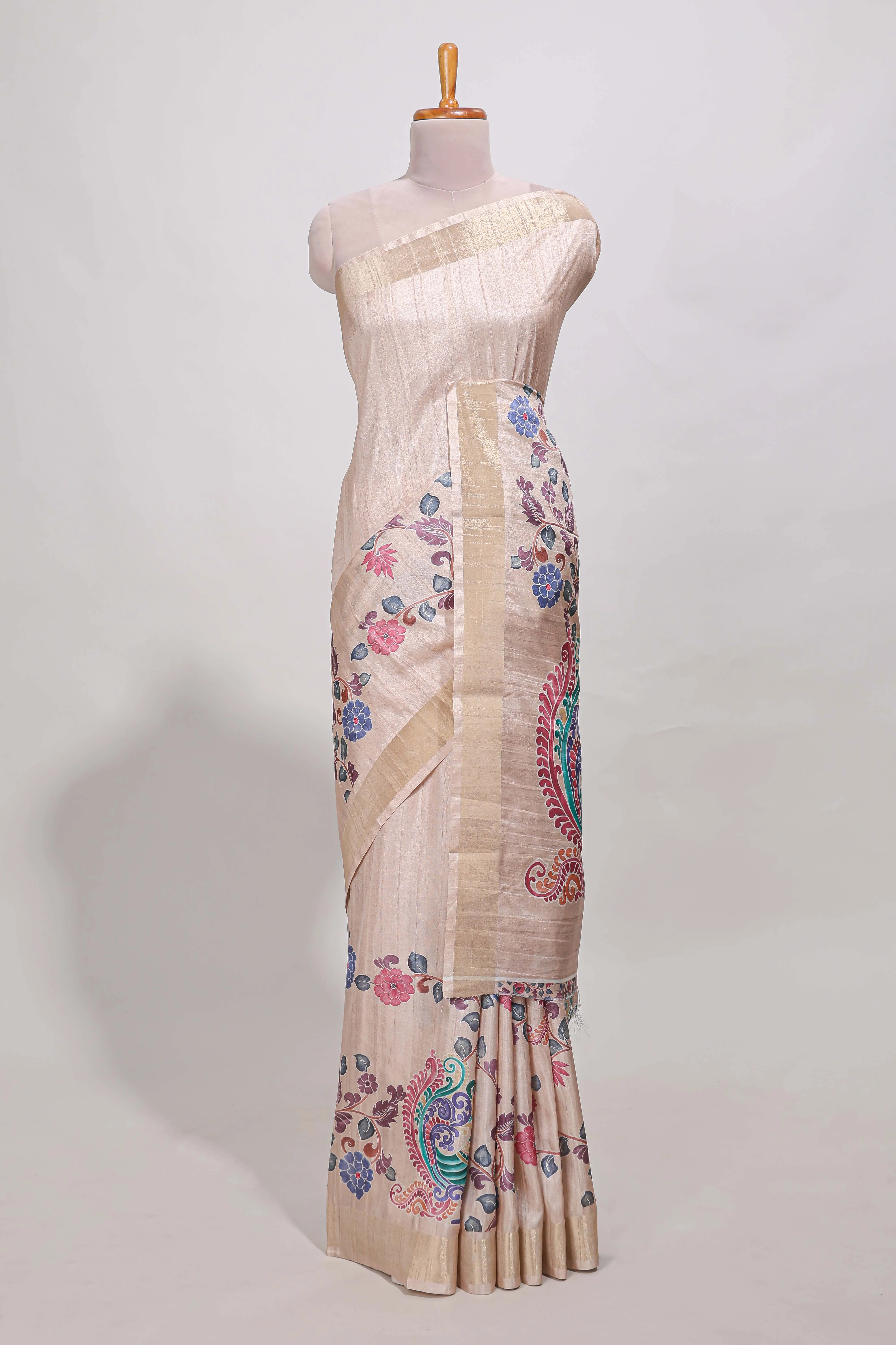 Sandle colour semi tussar saree with floral printed border and floral printed self blouse