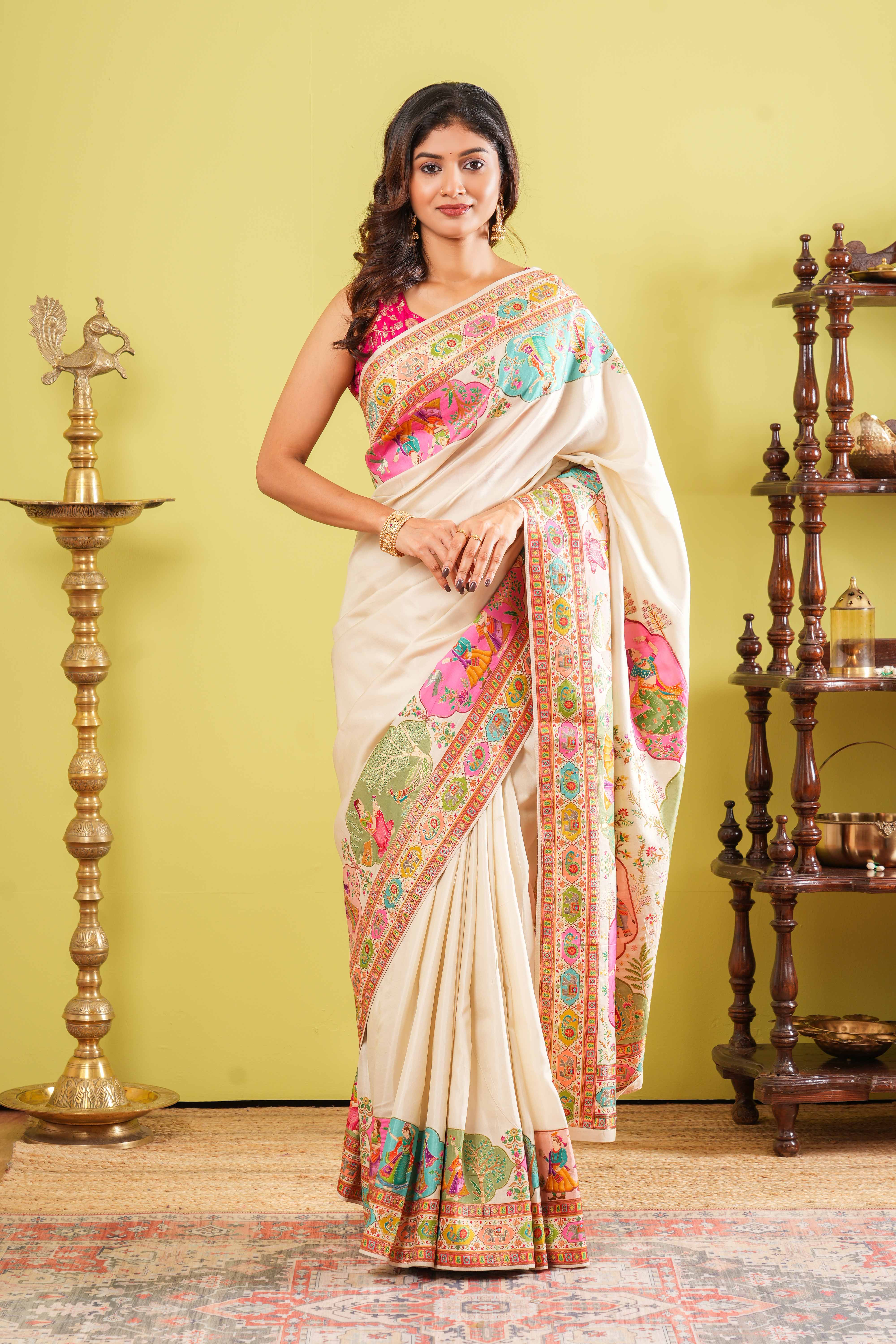 Sandal Pure Viscose Saree Multi Color Position Print Border Floral Design Pallu Along With Blouse - Image 4