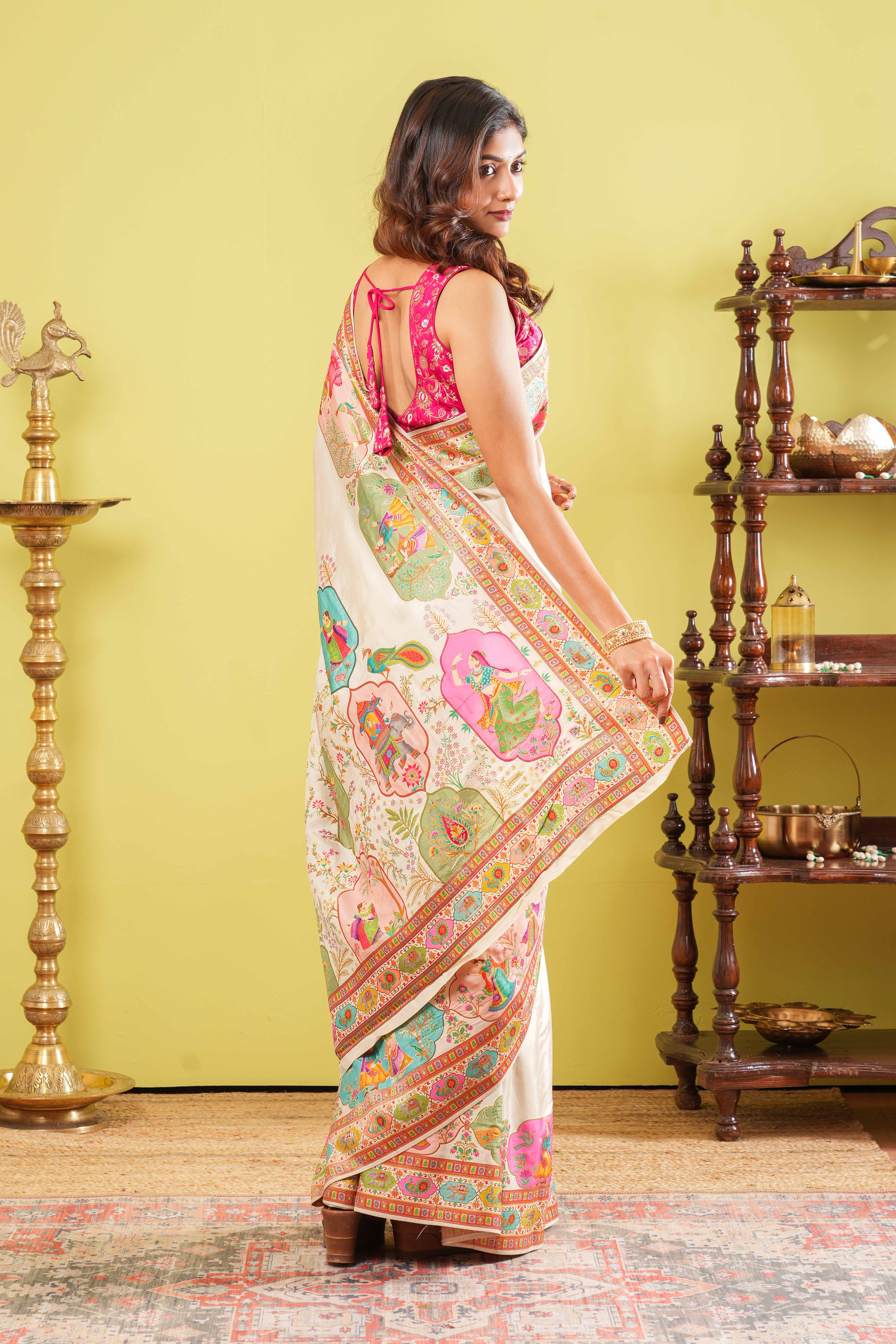 Sandal Pure Viscose Saree Multi Color Position Print Border Floral Design Pallu Along With Blouse - Image 5