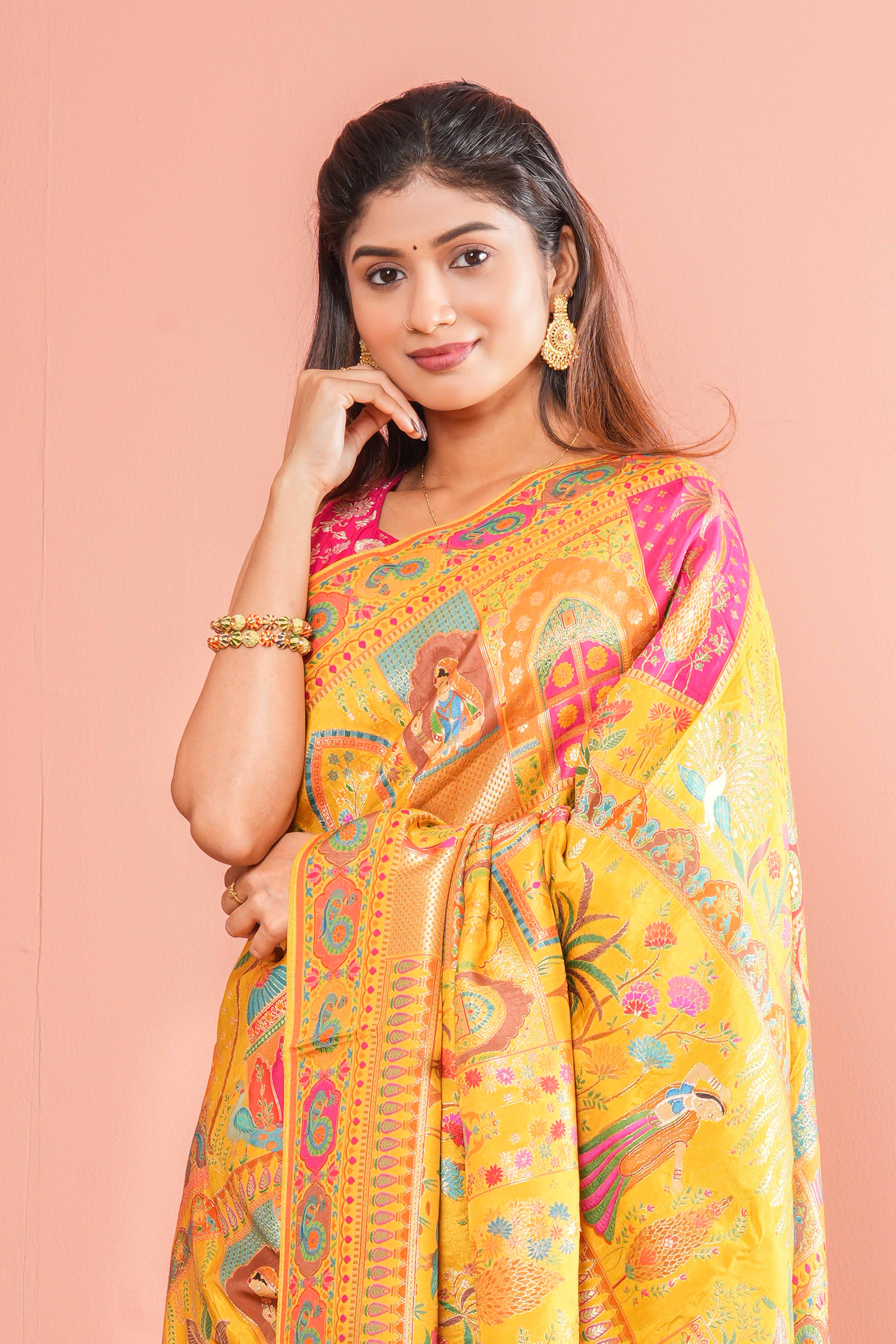 Yellow Pure Viscose Position Print Saree Traditional Banarasi Jacquard Weaving With Intricate Zari Work & Peacocks Motifs , Floral Vines Design Across The Body Along With Blouse - Image 3