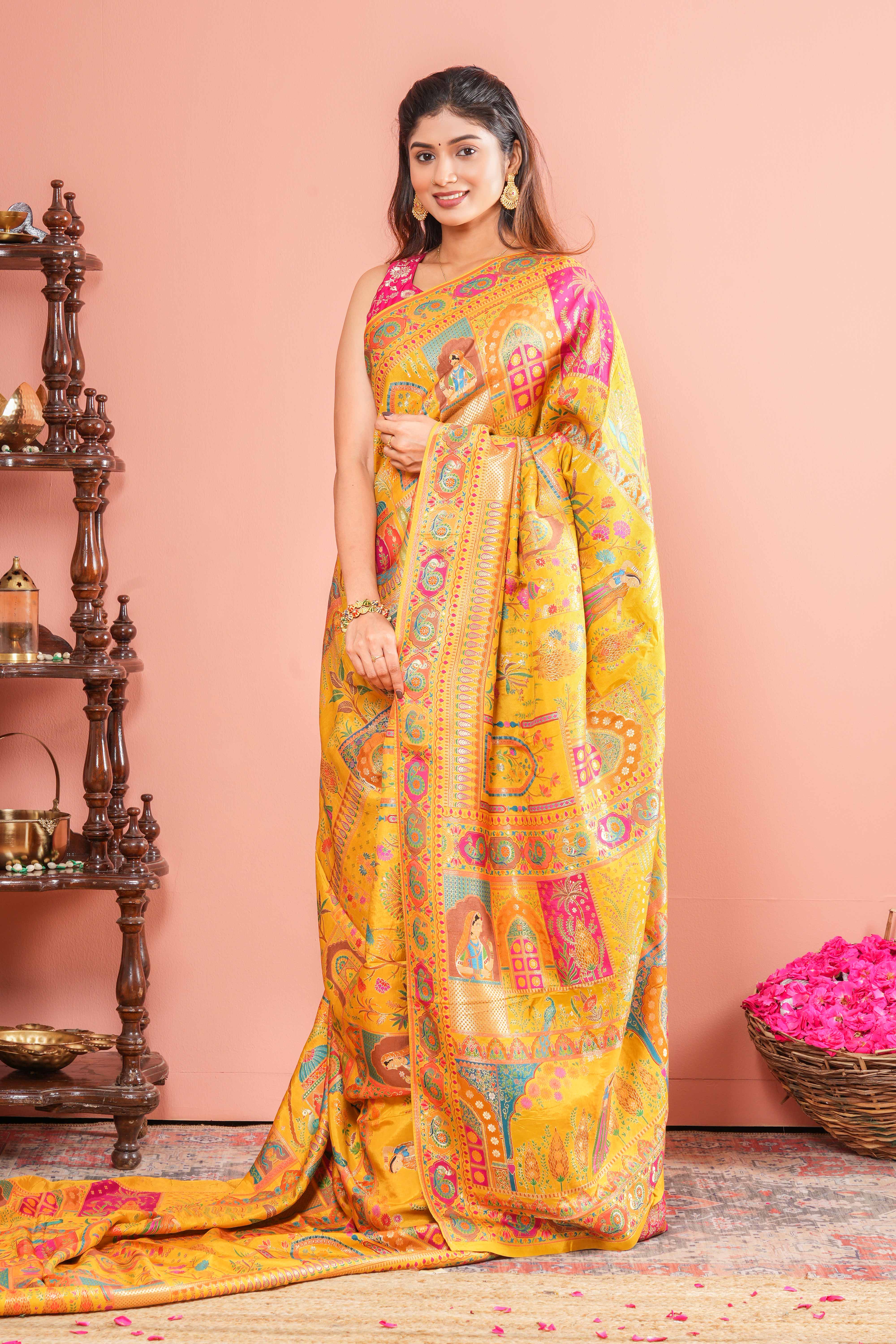 Yellow Pure Viscose Position Print Saree Traditional Banarasi Jacquard Weaving With Intricate Zari Work & Peacocks Motifs , Floral Vines Design Across The Body Along With Blouse - Image 4