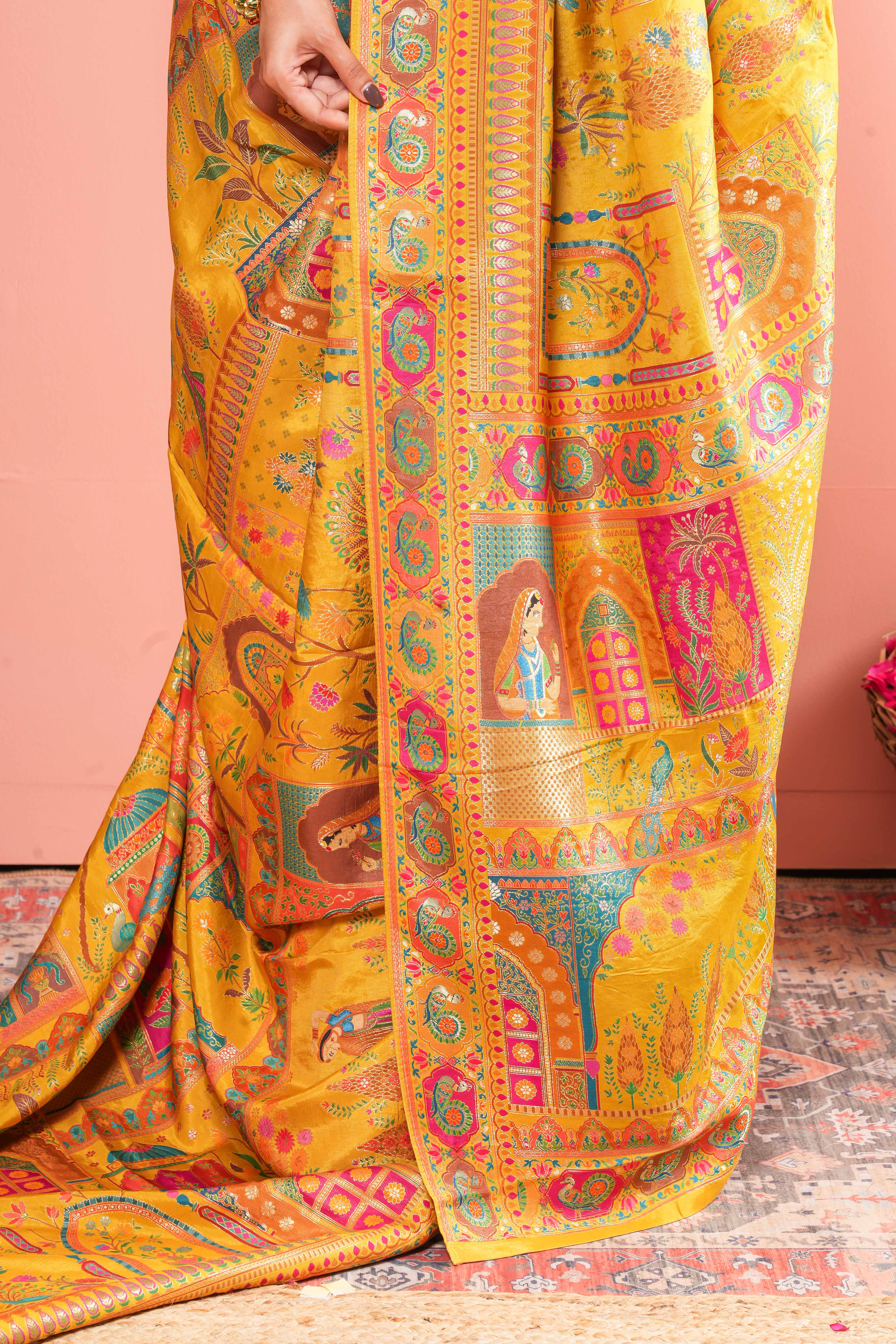 Yellow Pure Viscose Position Print Saree Traditional Banarasi Jacquard Weaving With Intricate Zari Work & Peacocks Motifs , Floral Vines Design Across The Body Along With Blouse - Image 5