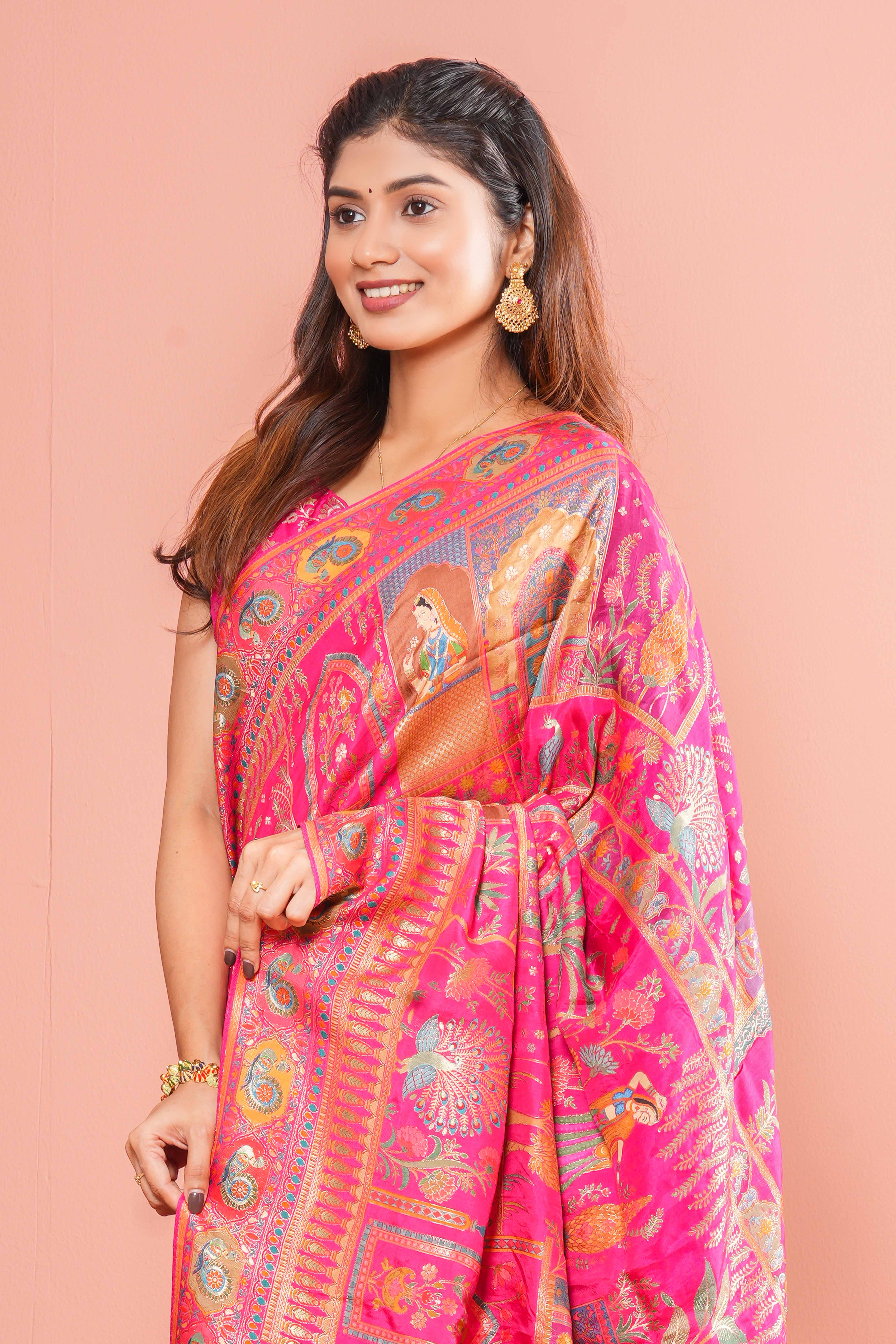 Rani Pink Pure Viscose Position Print Saree Traditional Banarasi Jacquard Weaving With Intricate Zari Work & Peacocks Motifs , Floral Vines Design Across The Body Along With Blouse - Image 3