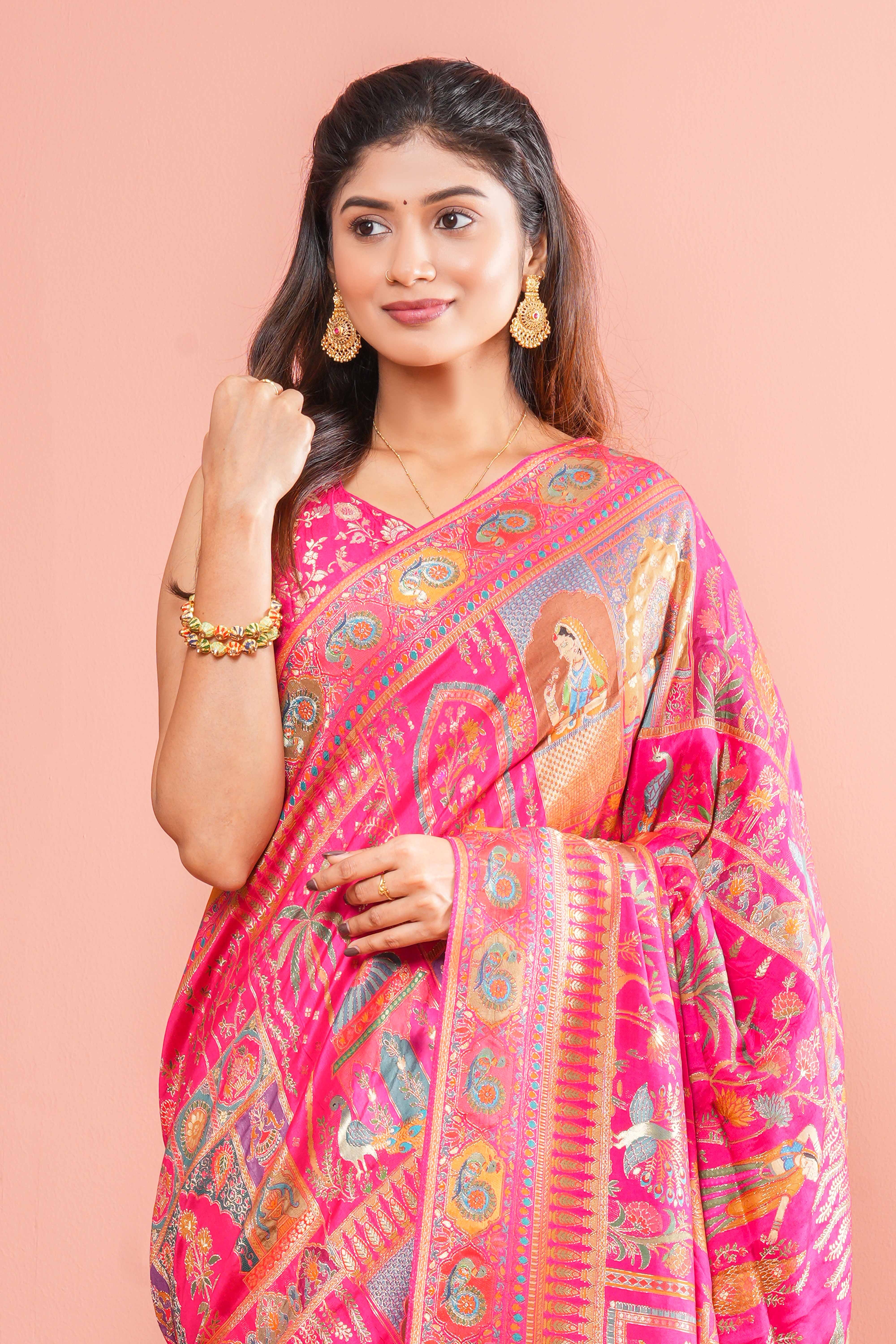Rani Pink Pure Viscose Position Print Saree Traditional Banarasi Jacquard Weaving With Intricate Zari Work & Peacocks Motifs , Floral Vines Design Across The Body Along With Blouse - Image 4