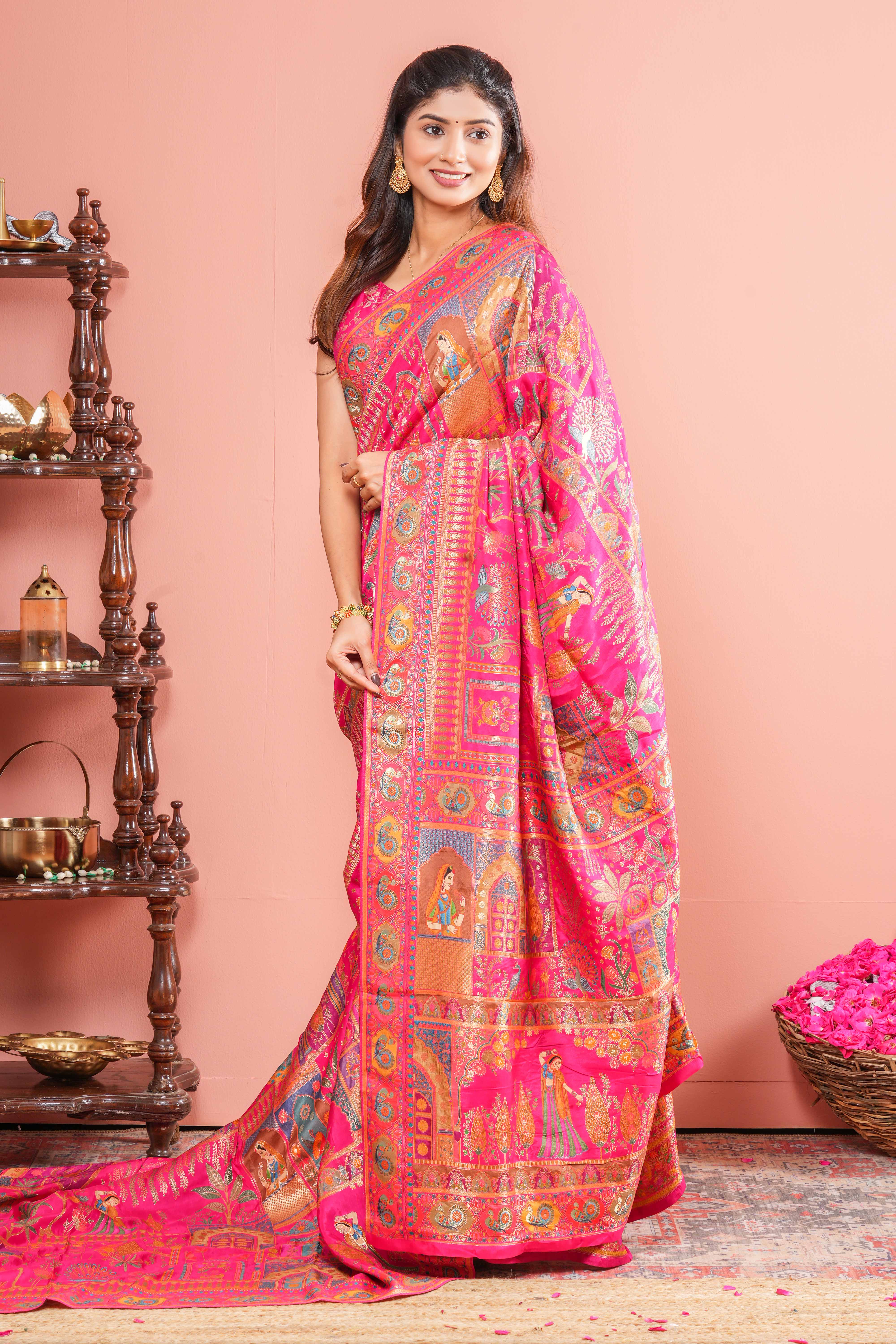 Rani Pink Pure Viscose Position Print Saree Traditional Banarasi Jacquard Weaving With Intricate Zari Work & Peacocks Motifs , Floral Vines Design Across The Body Along With Blouse - Image 5