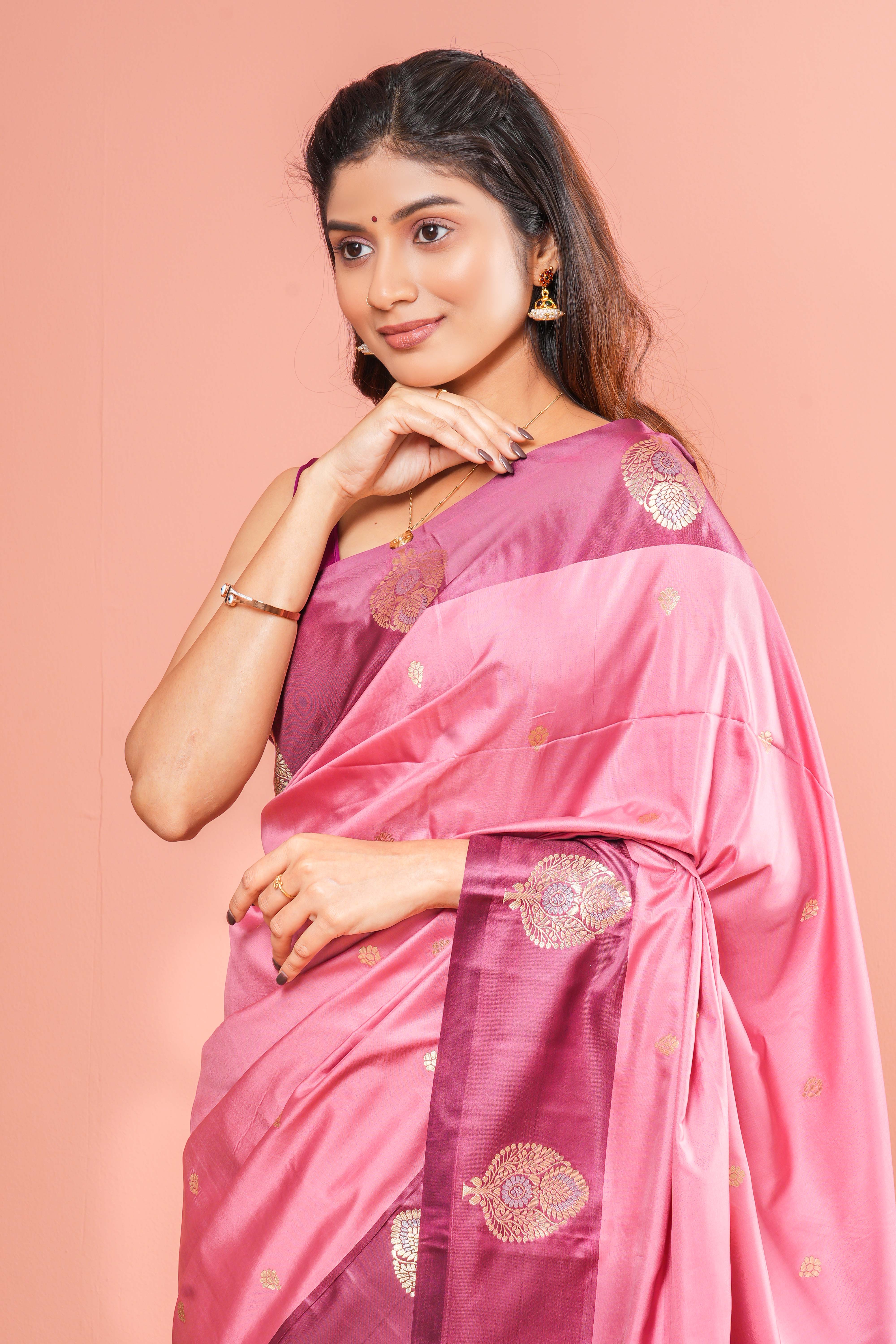 Onion Pink Art Silk Saree Zari Butta Across The Body With Contrast Zari Weaving Pallu - Image 3