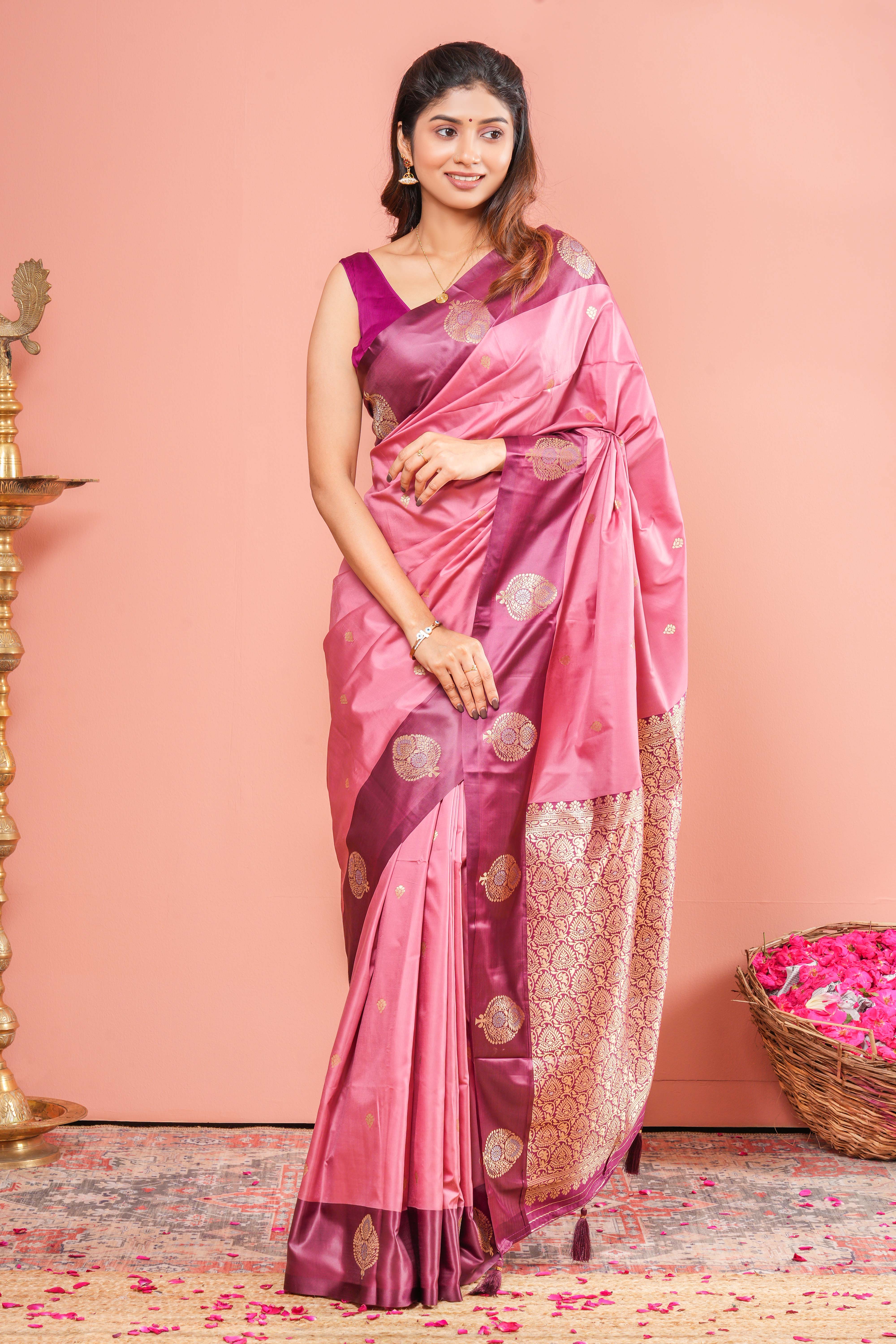 Onion Pink Art Silk Saree Zari Butta Across The Body With Contrast Zari Weaving Pallu - Image 5