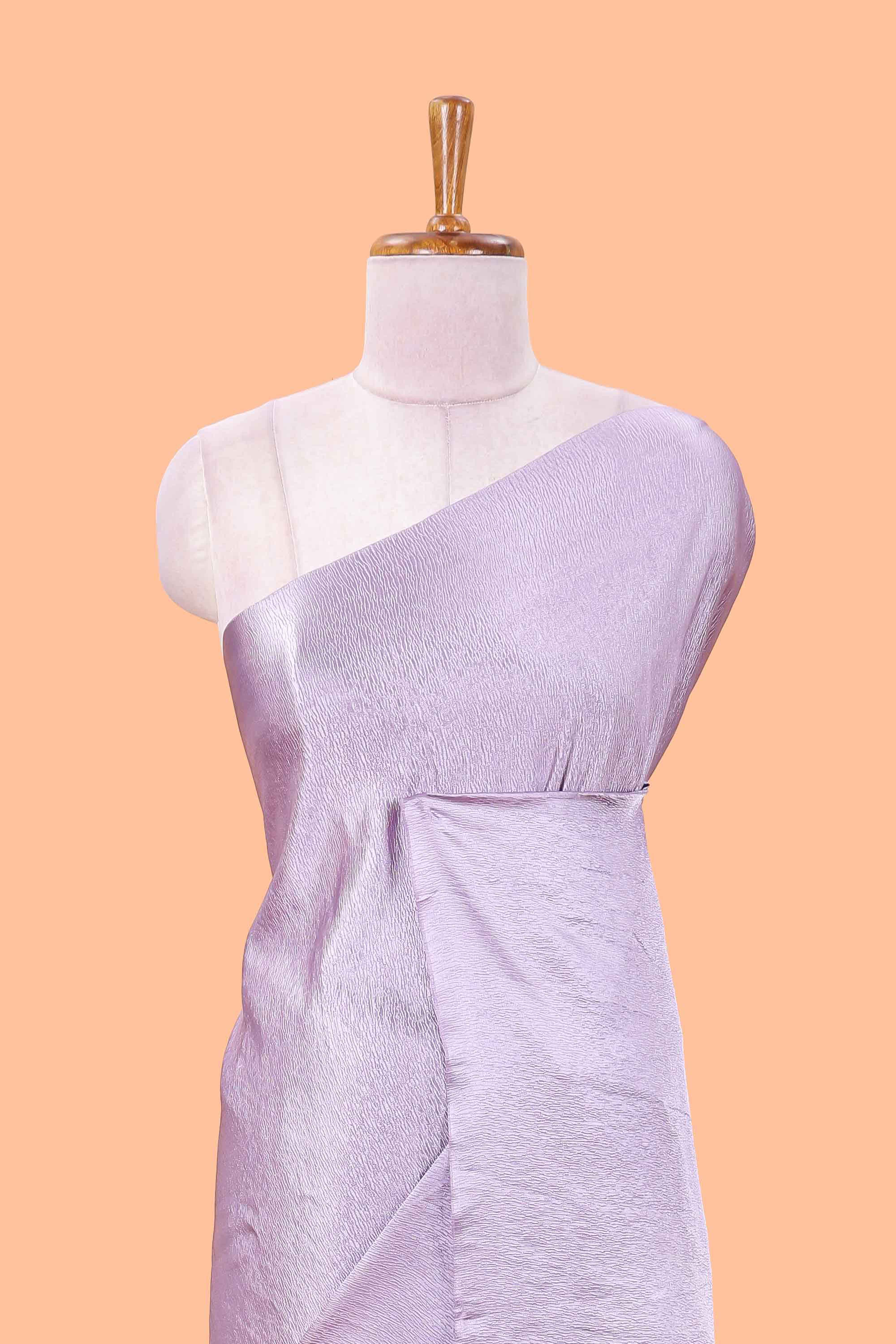 Borderless lavender crush texture satin crepe saree with contrast embroidery blouse - Image 3