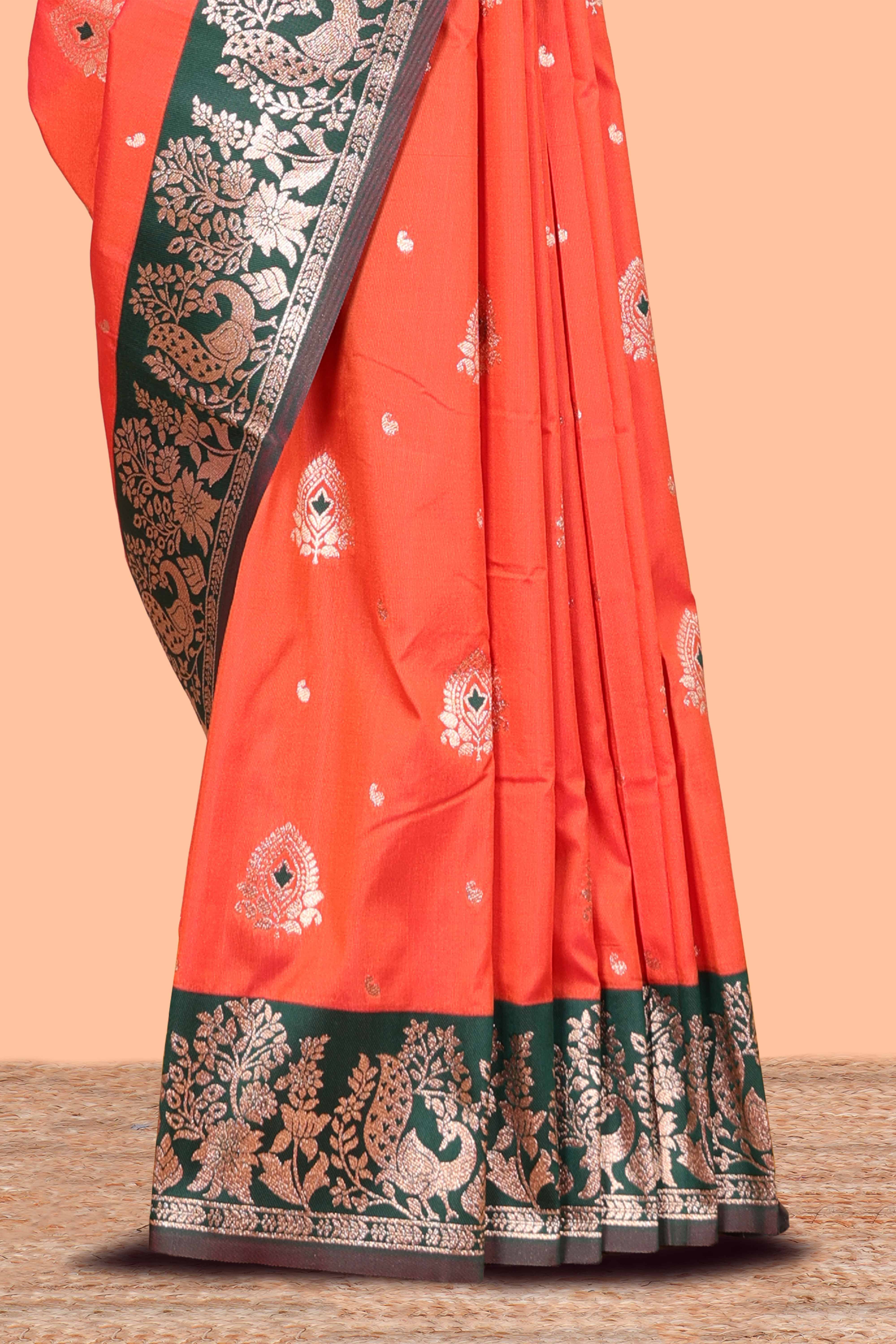 Orange Semi Soft Silk Saree Body All Over Small Gold Zari Butta And Zari Border With Grand Zari Rich Pallu - Image 3