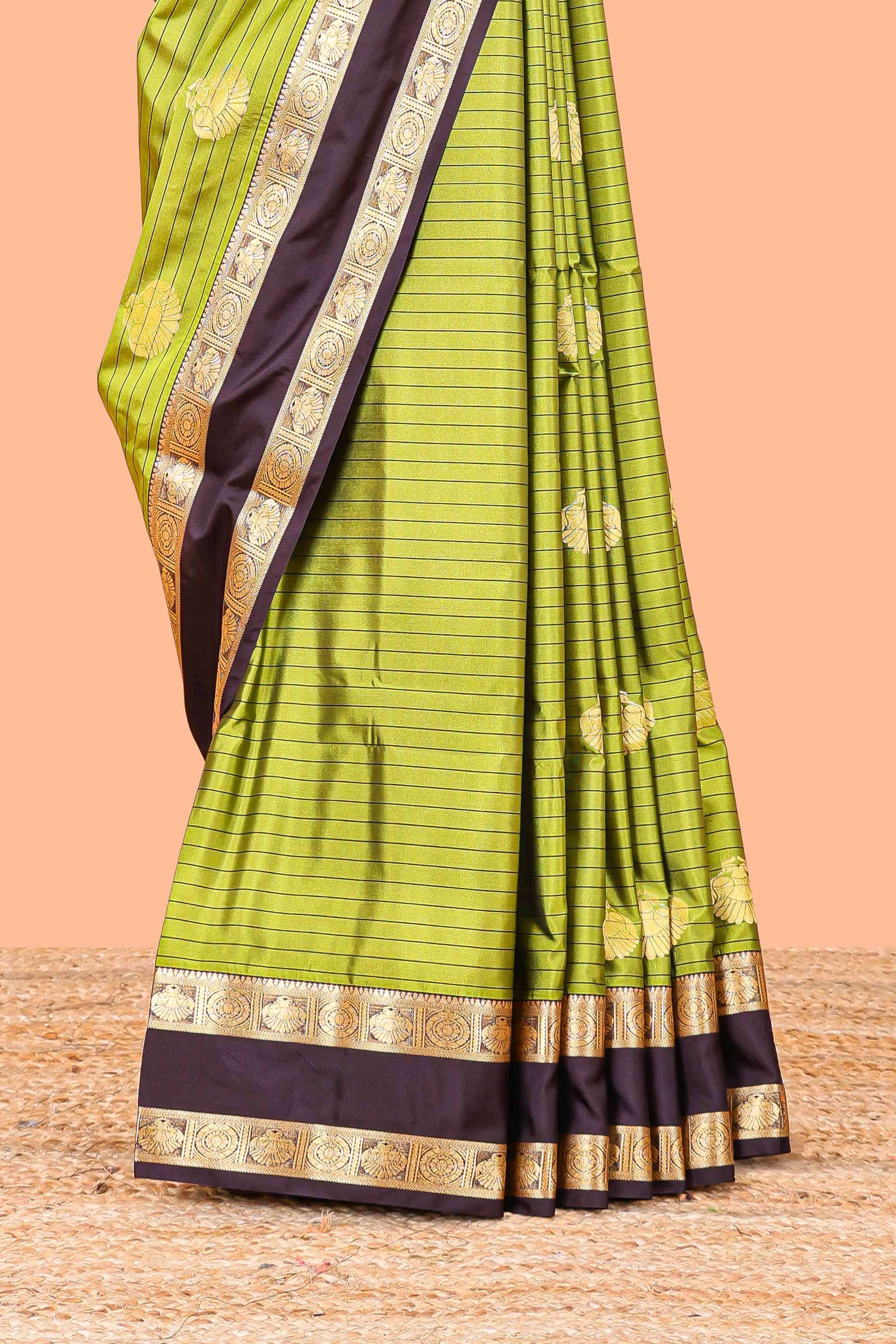 Semi Soft Silk Saree With Gold Zari Peacock Motifs And Bentex Border With Rich Pallu - Image 3