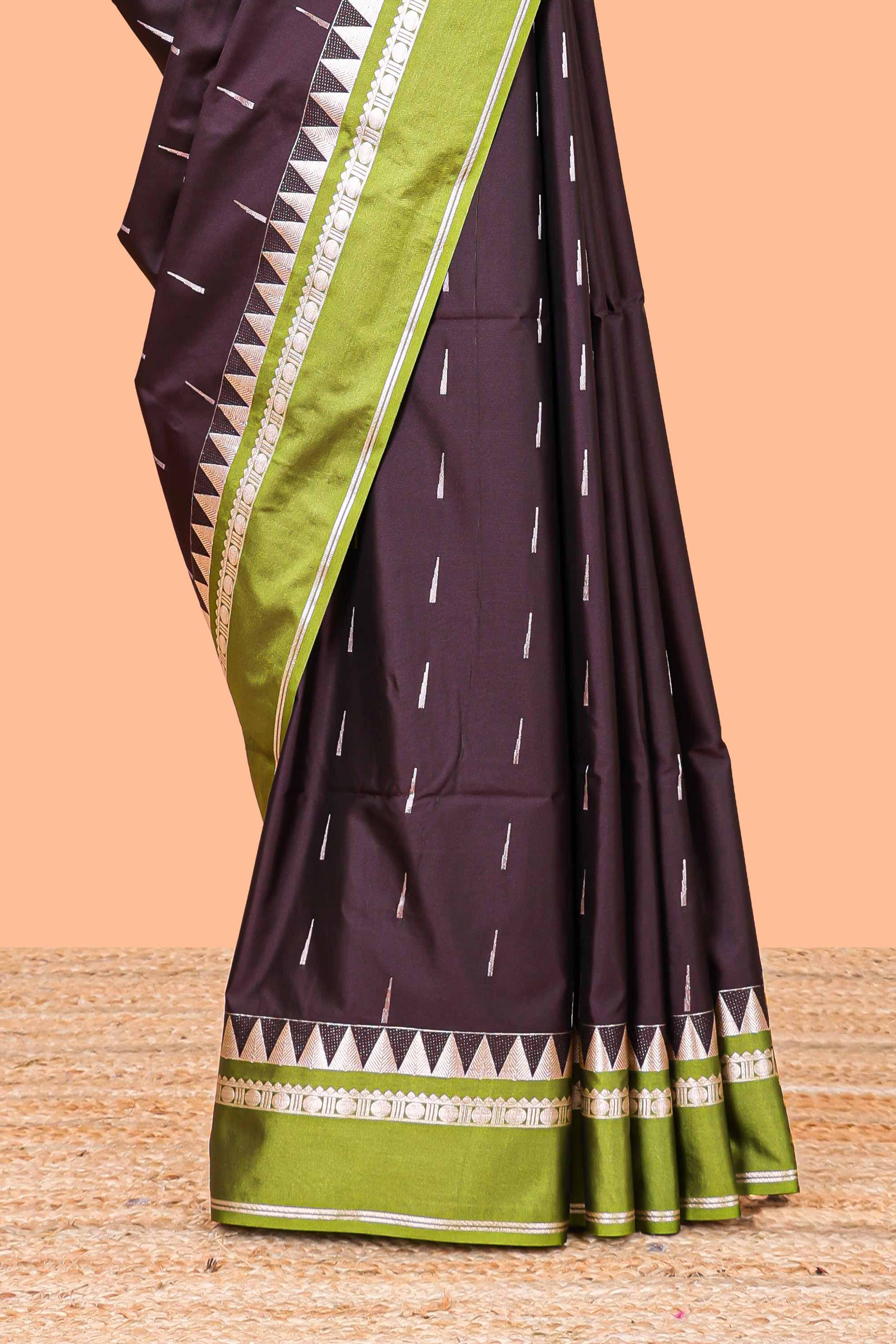 Wine Semi Soft Silk Saree All Over Zari Buttas Contrast Temple Border - Image 3